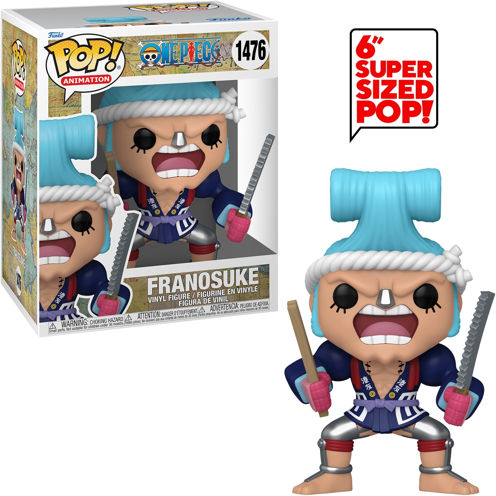 Figura Funko Pop de Franosuke de One Piece, en caja. Sostiene cuchillas y tiene un sombrero azul.