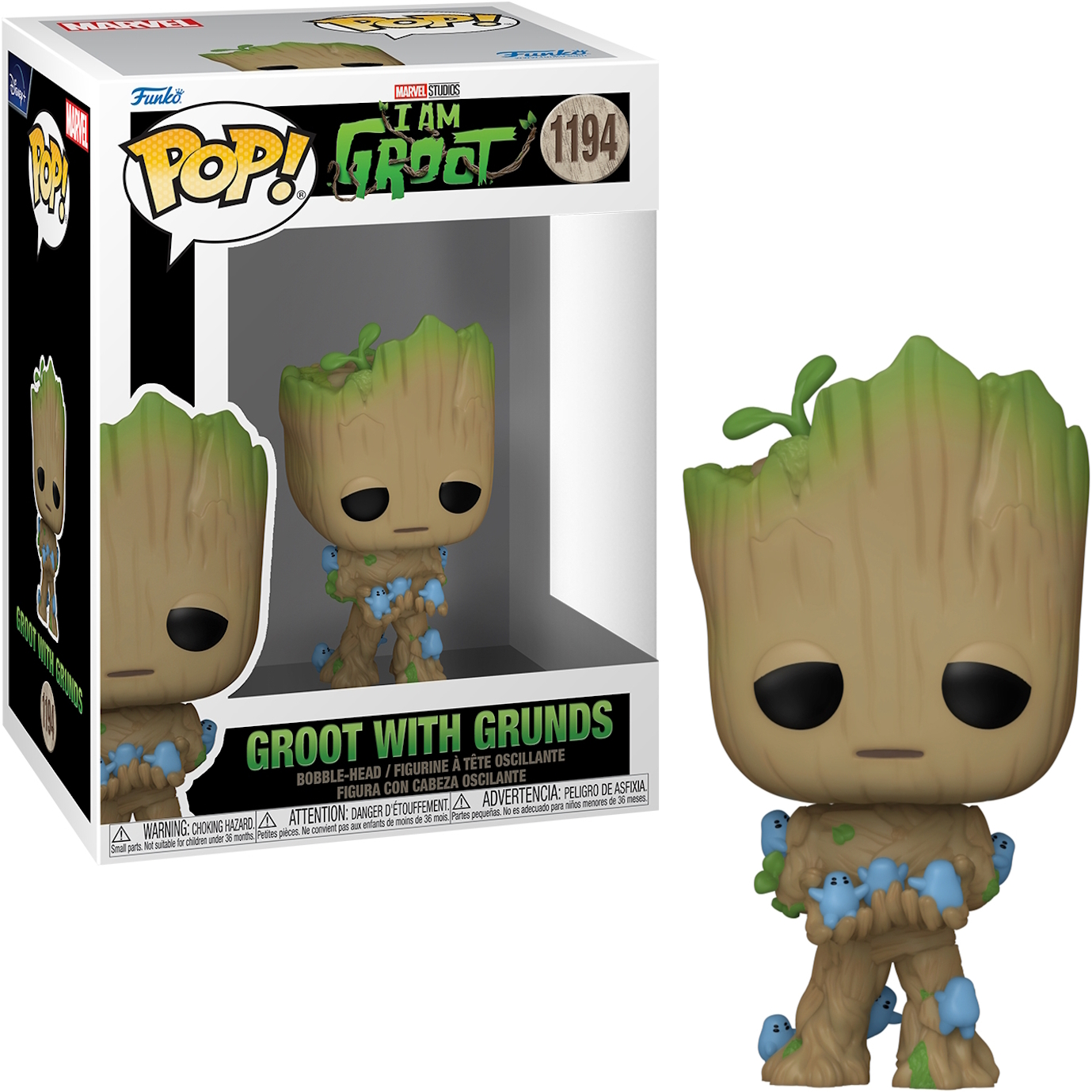 Figura Funko Pop! di Baby Groot da I Am Groot. Corpo marrone e germogli blu.