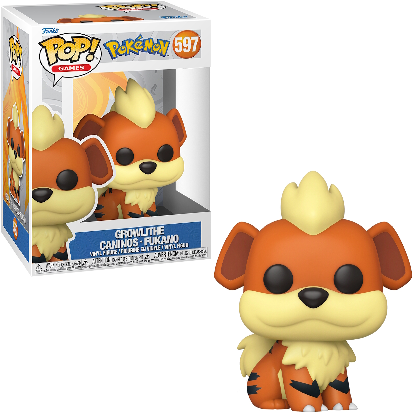 Figura Funko Pop de Growlithe, con arte de caja en el fondo.