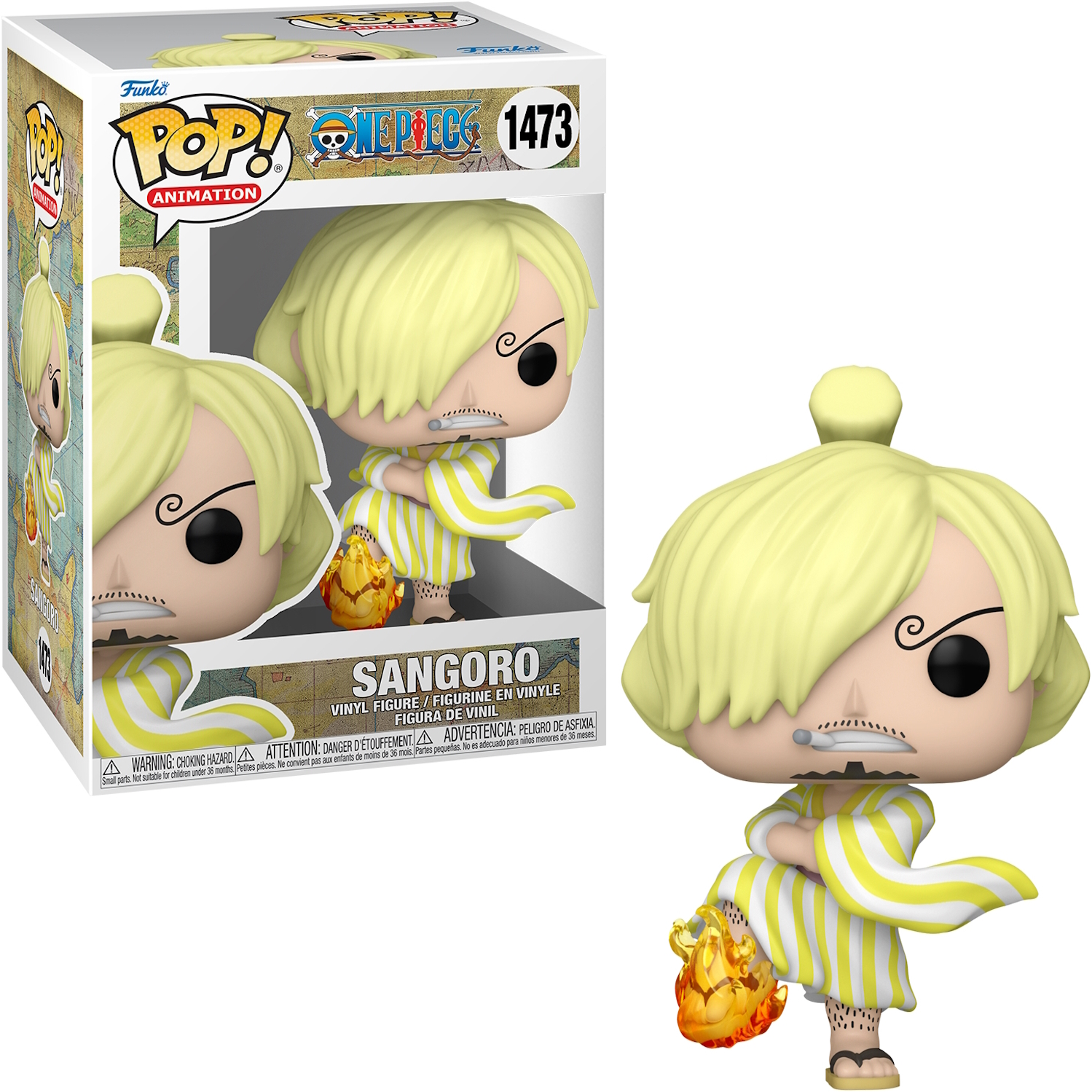 Eine Funko Pop Figur von Sangoro aus One Piece, mit einer Box links.