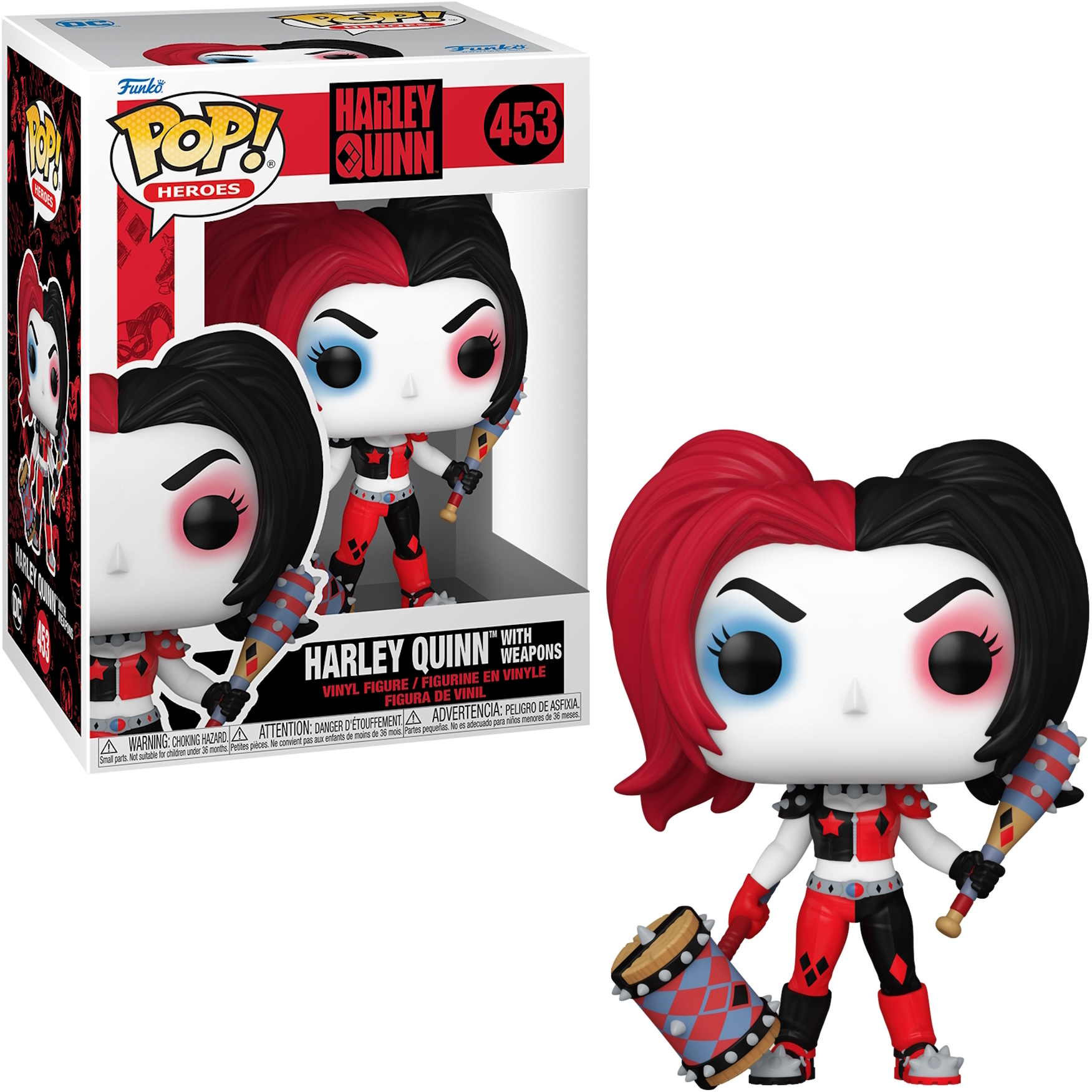 Figurine Funko Pop Harley Quinn avec boîte. La figurine est en rouge et noir, tenant un maillet.