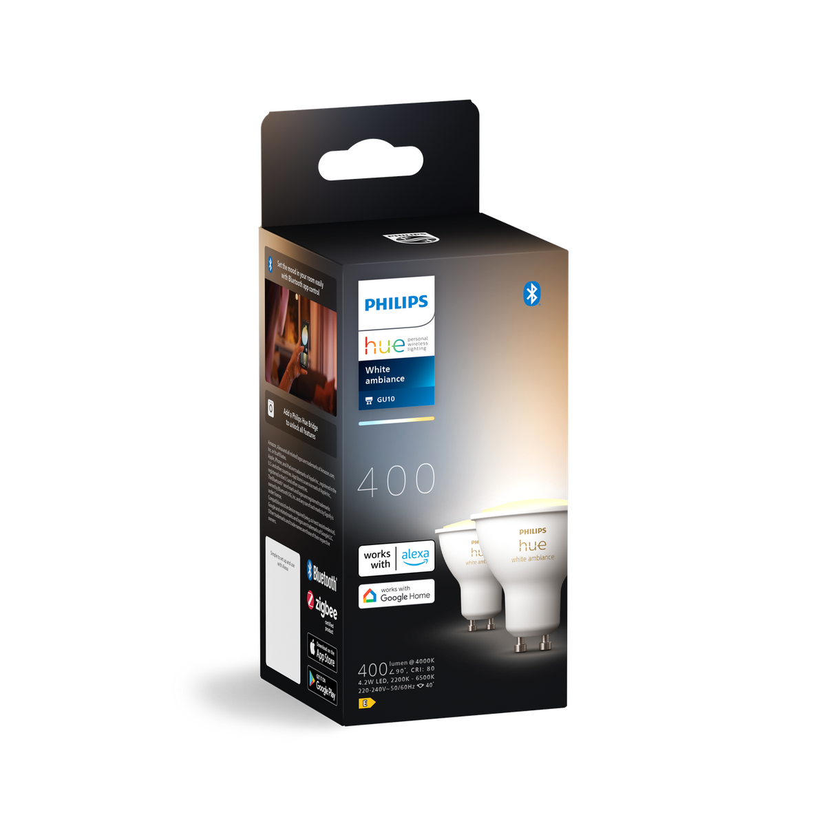 Pudełko inteligentnych żarówek Philips Hue. Pudełko jest czarno-białe, na białym tle.