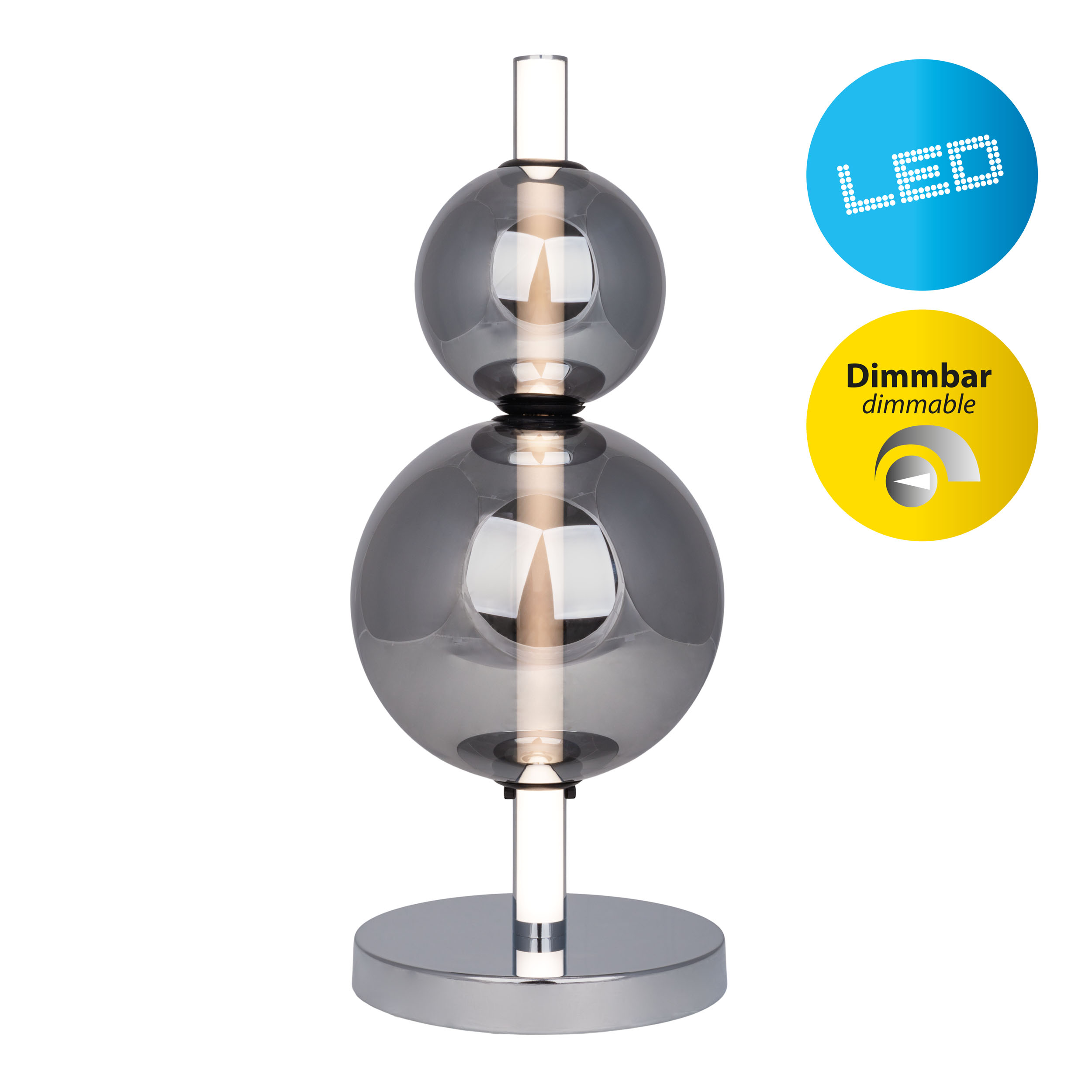 Moderne Lampe mit zwei grauen Glaskugeln. Sie hat einen Chromfuß und einen transparenten Ständer. LED- und Dimm-Symbole.