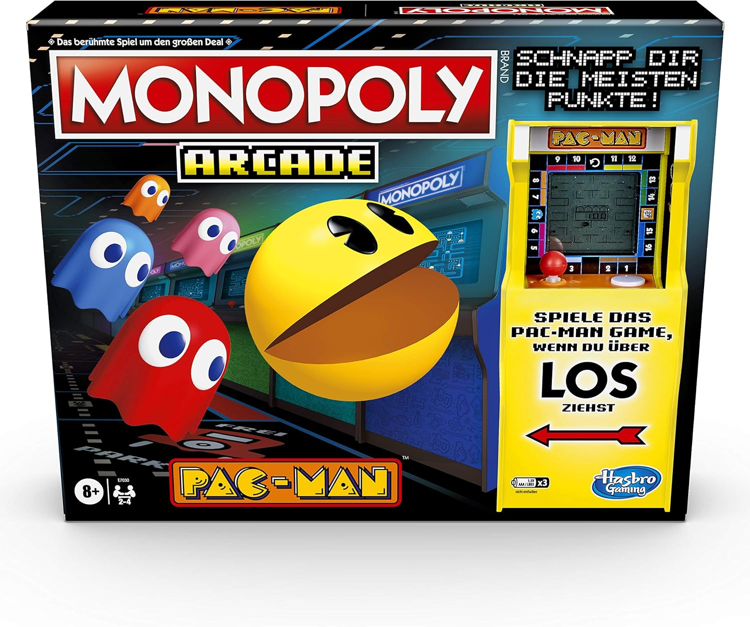 Monopoly Arcade Pac-Man Spielbox. Gelber Pac-Man, blaue und rote Geister, Spielautomat und Spielbrett.
