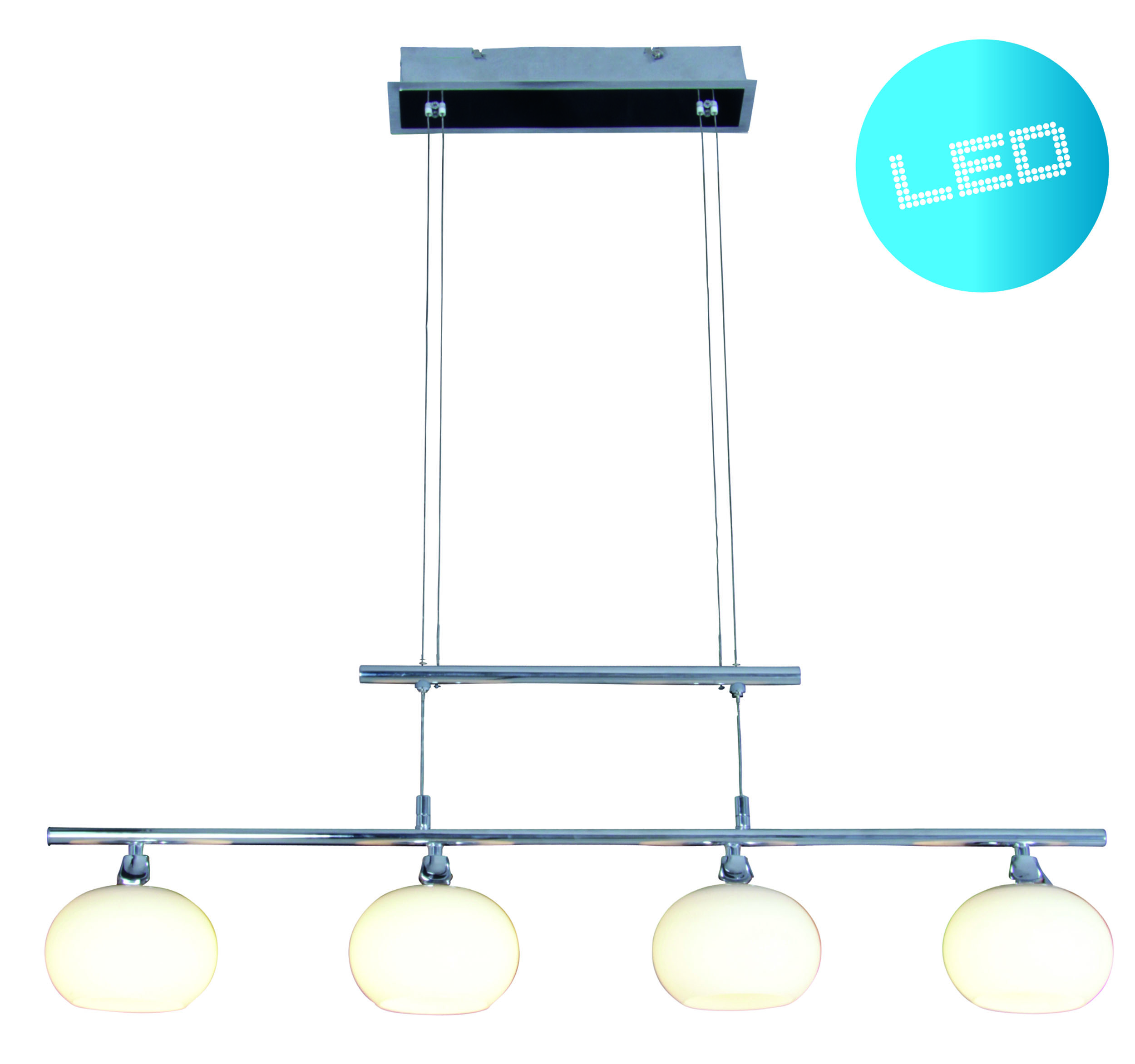 LED-Pendelleuchte mit vier weißen Kugeln. Silberne Leuchte mit blauem LED-Schild an der Seite.