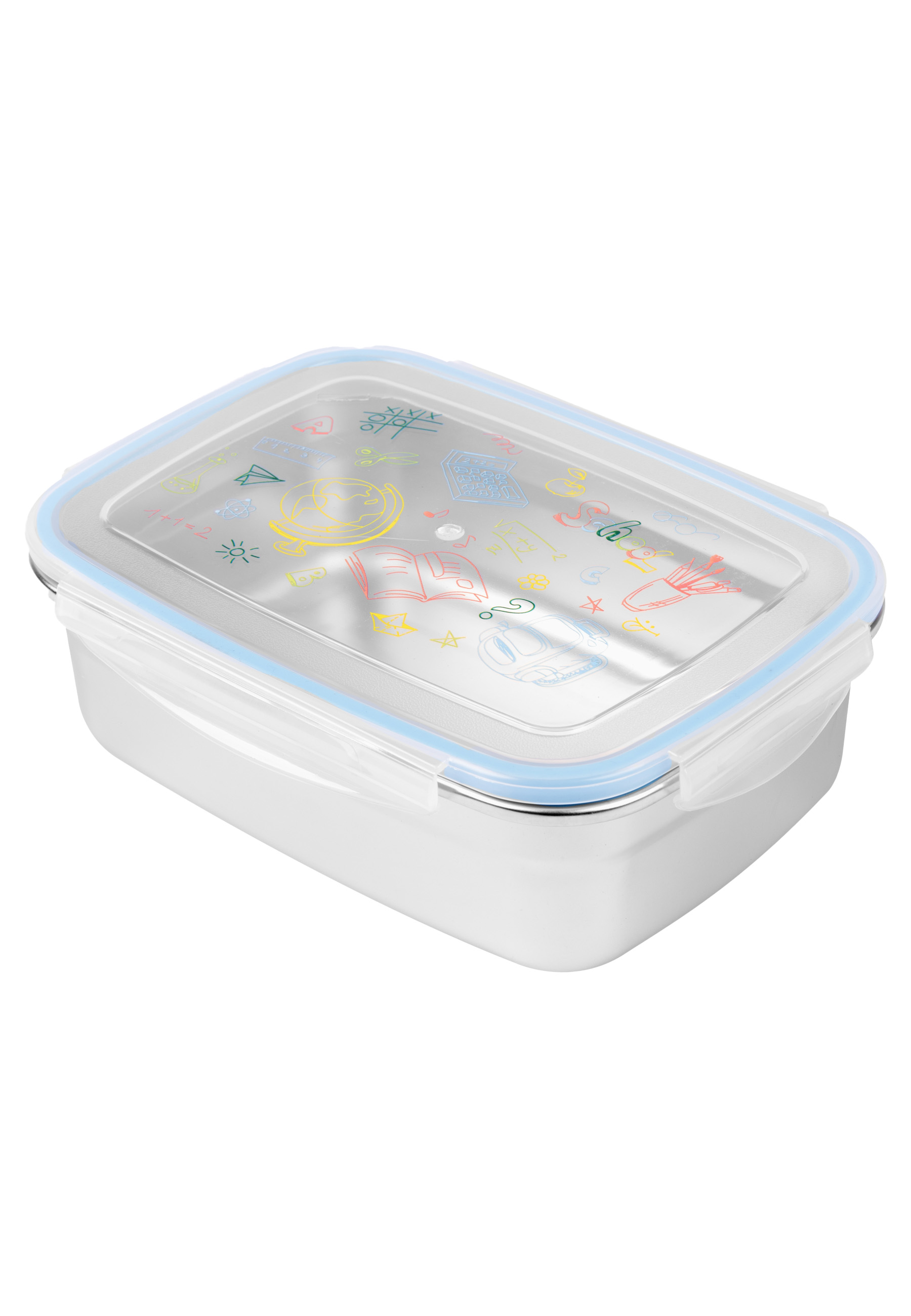 Edelstahl-Lunchbox mit bunten Kritzeleien auf dem transparenten Deckel.