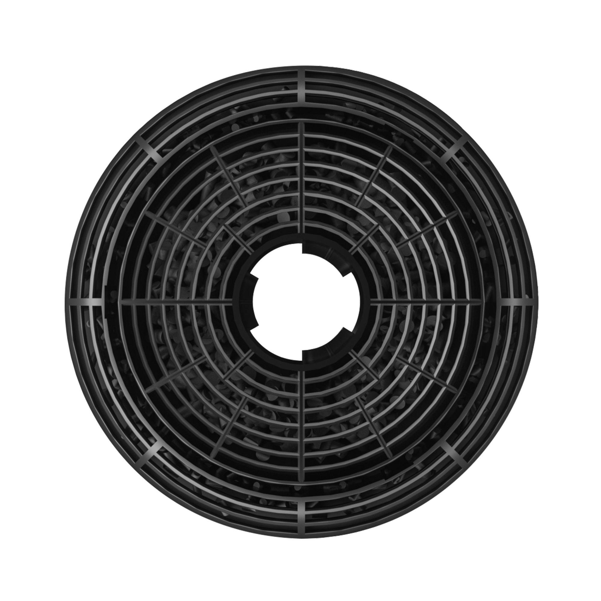 Black, circular air filter with grid pattern. The center has a white, open circle.