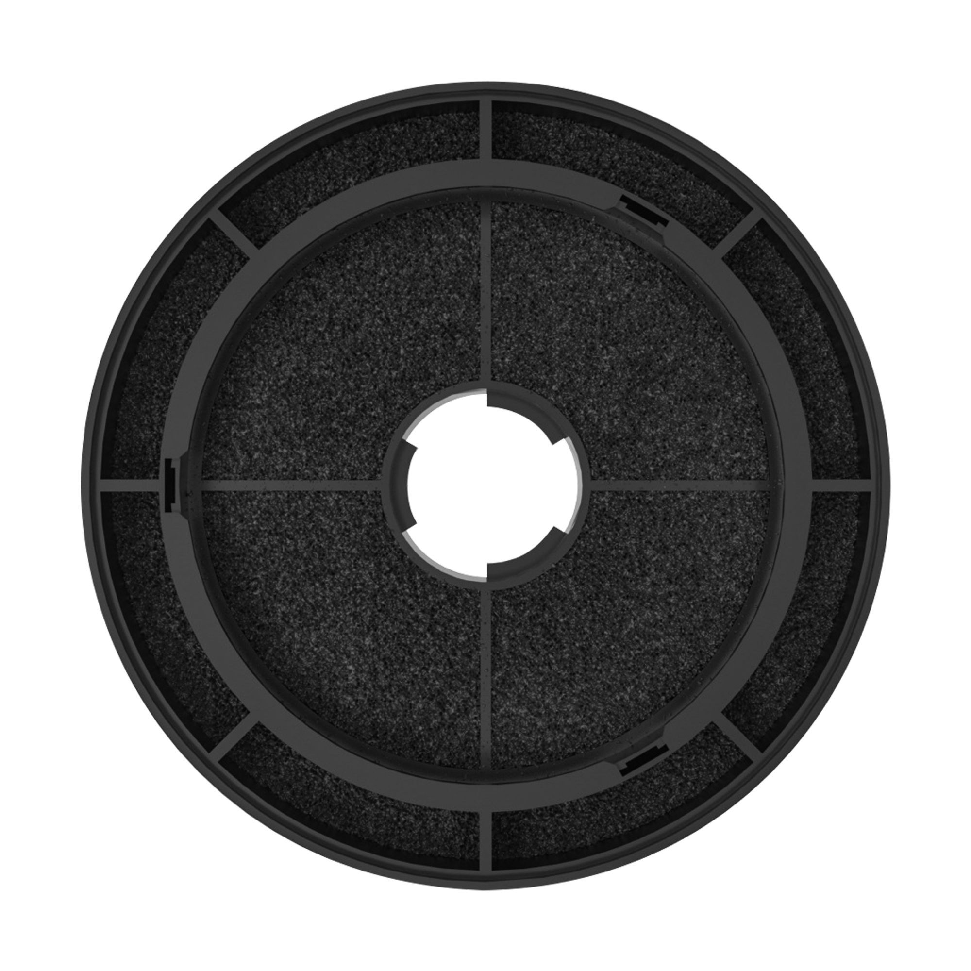 Round, black air filter. It has a grid-like structure, with a dark filter material.