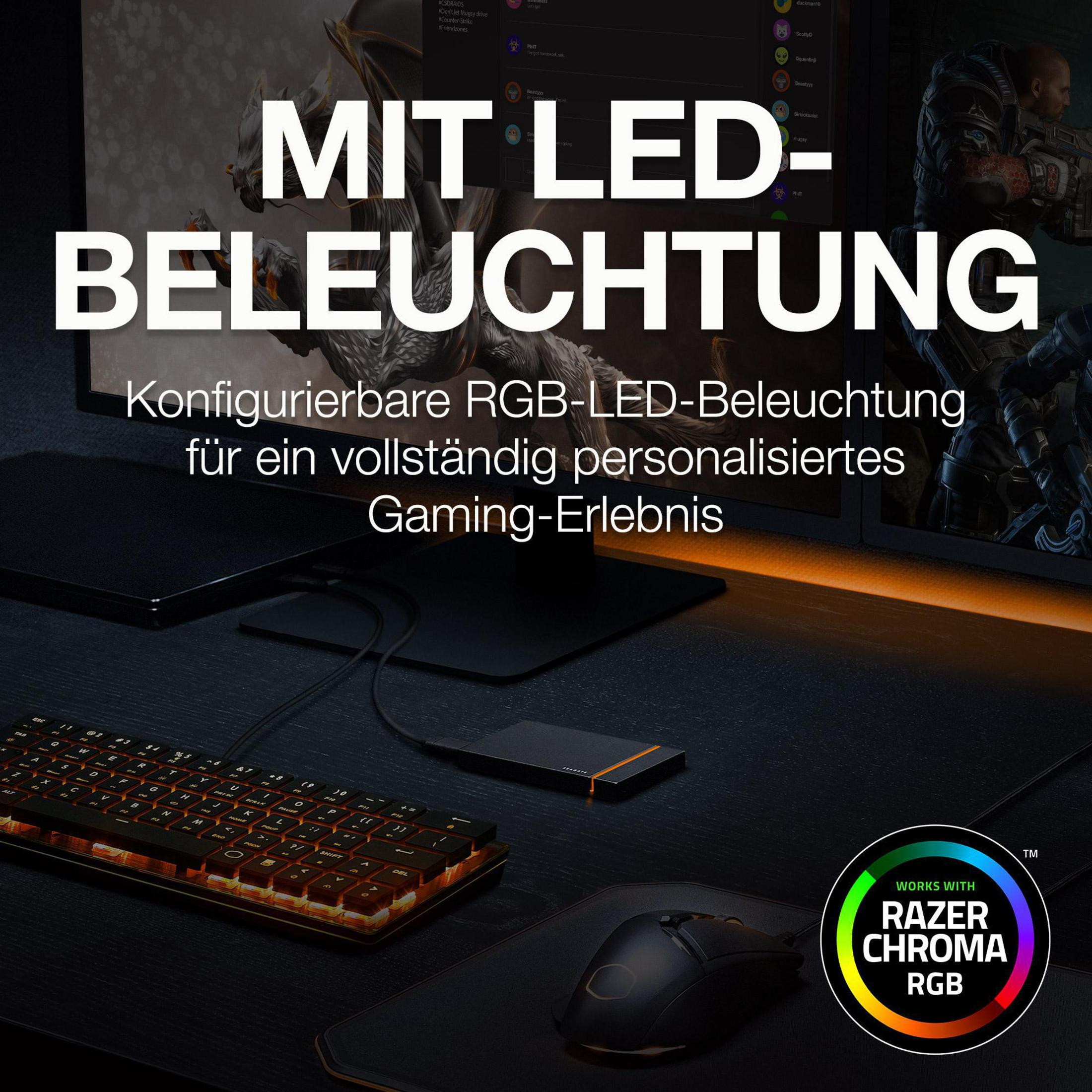 Konfiguracja do gier z podświetlaną klawiaturą, myszą i monitorem, promująca Razer Chroma RGB.