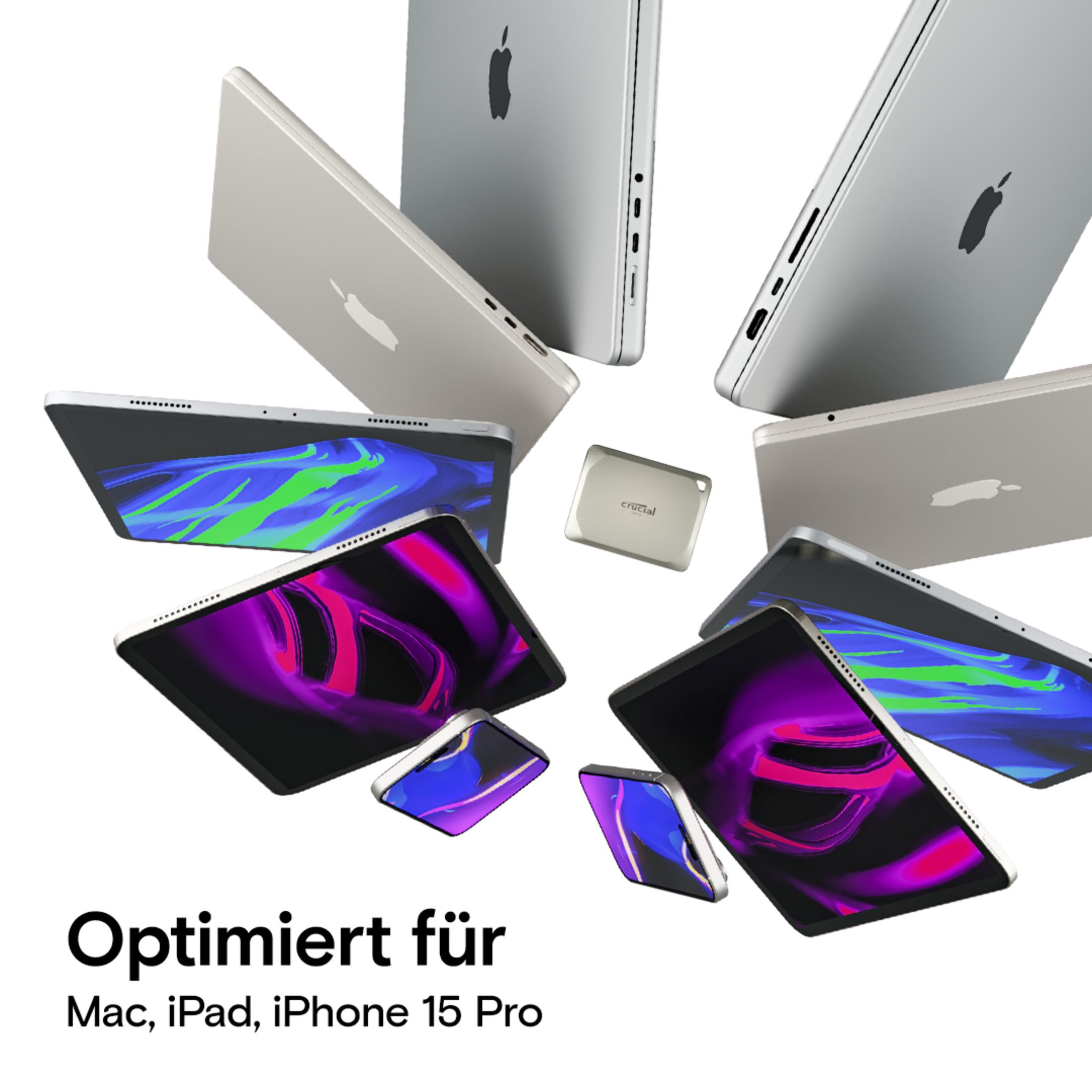 Kolekcja laptopów, iPadów i telefonów Apple, a także zewnętrzny dysk twardy Crucial.