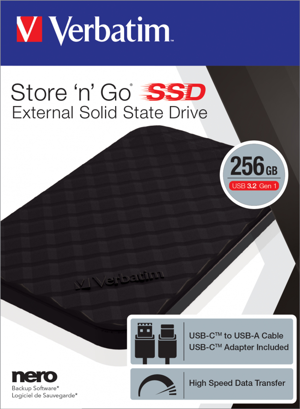 Opakowanie zewnętrznego dysku SSD Verbatim. Dysk jest czarny, teksturowany i USB 3.2 Gen 1. Zawiera kabel USB-C.