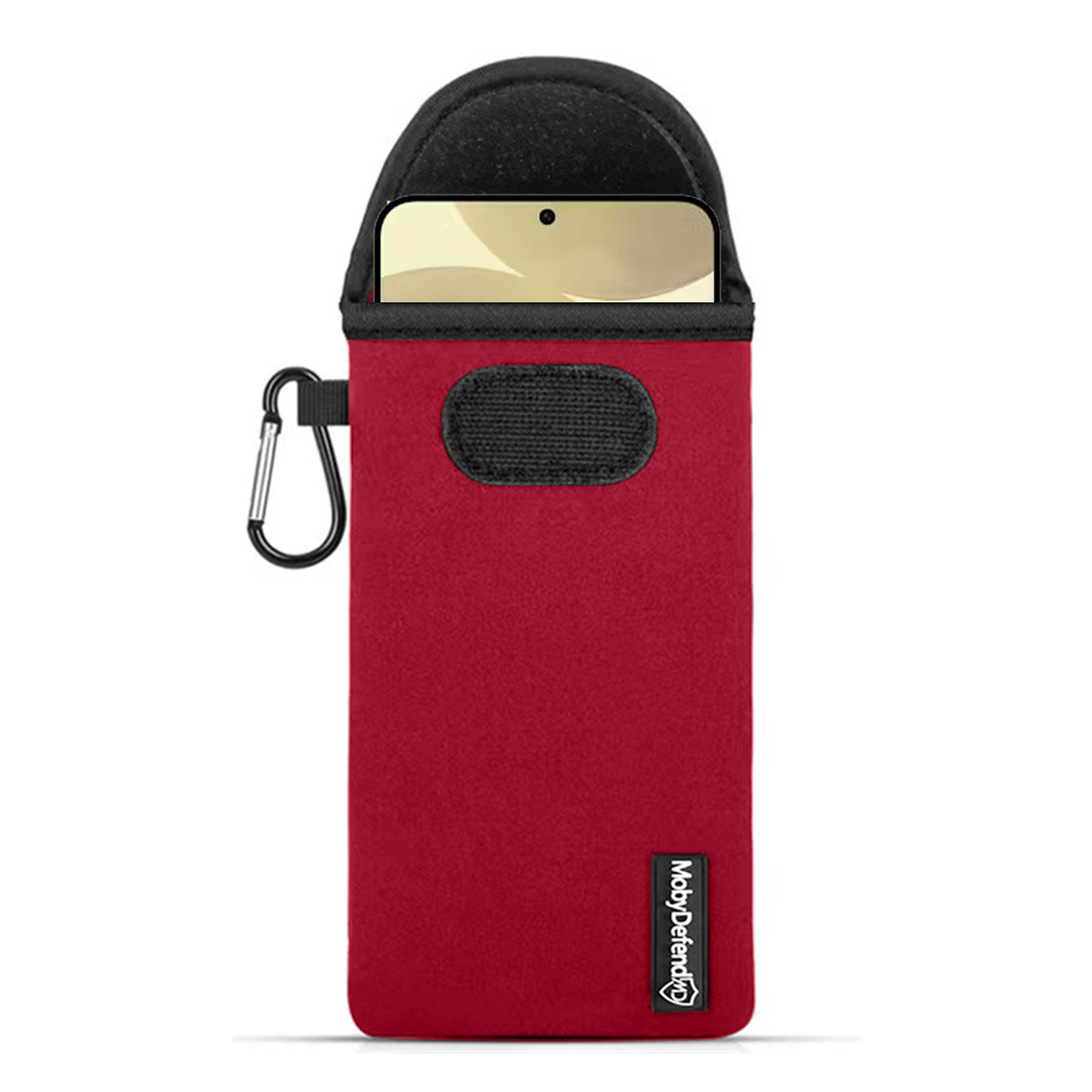 Rode telefoonhoes met een zwarte bovenkant, een metalen clip en een telefoon zichtbaar binnenin.