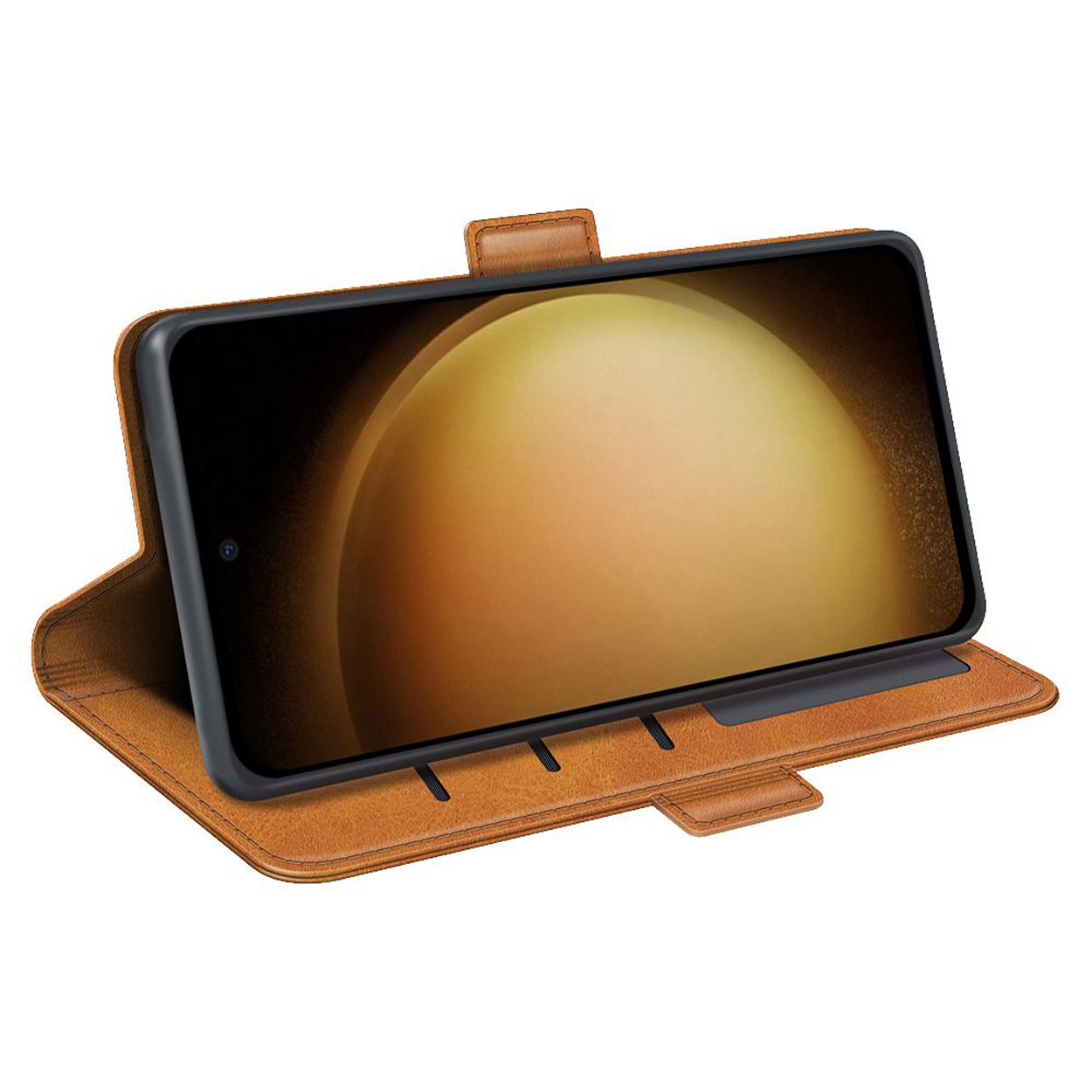 Ein Telefon in einer braunen Lederhülle, offen. Der Bildschirm zeigt ein abstraktes goldenes Bild.