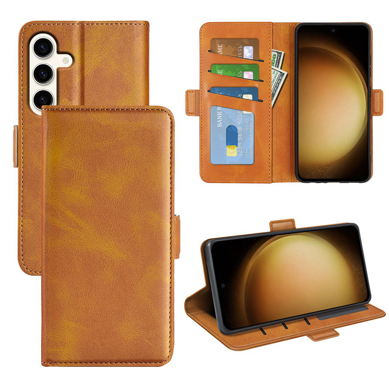 Braune Leder-Handyhülle mit Kartenfächern und Telefon innen.