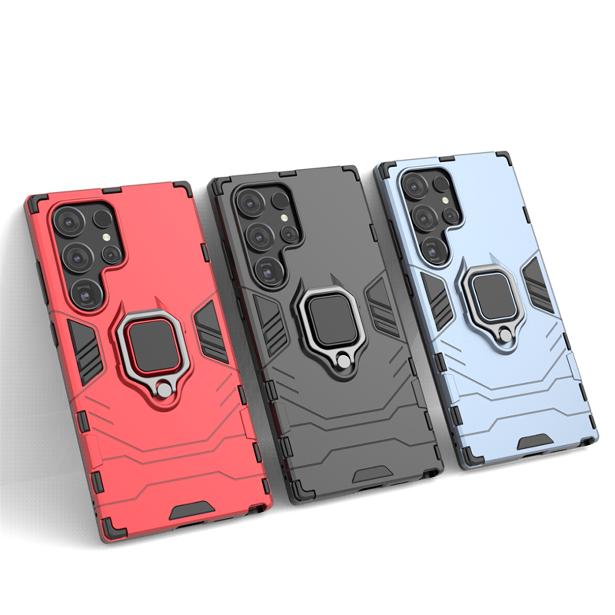 Trois coques de téléphone : rouge, grise et bleue, avec un support d'anneau.