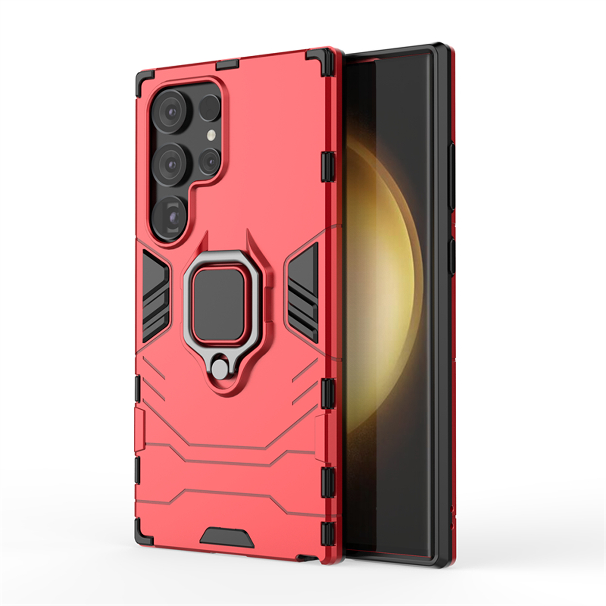 Coque de téléphone rouge avec anneau, à côté d'un téléphone. Fond blanc.