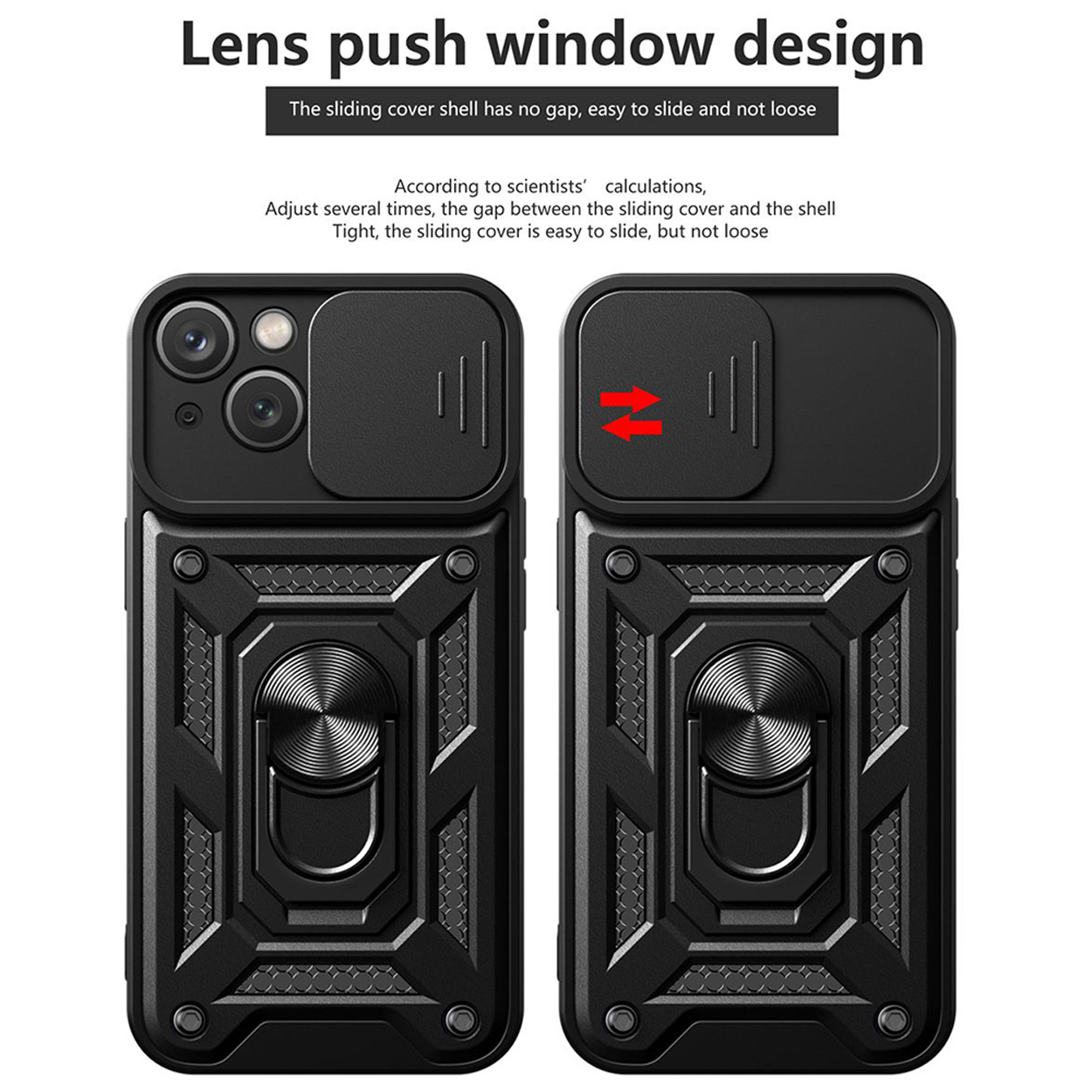 Zwarte telefoonhoes met een verschuifbare cameralensafdekking en een ringhouder.