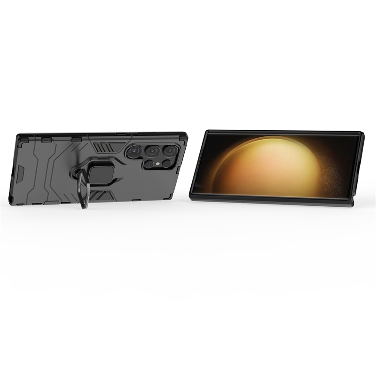 Un étui de téléphone noir avec un support, avec l'écran du téléphone visible.