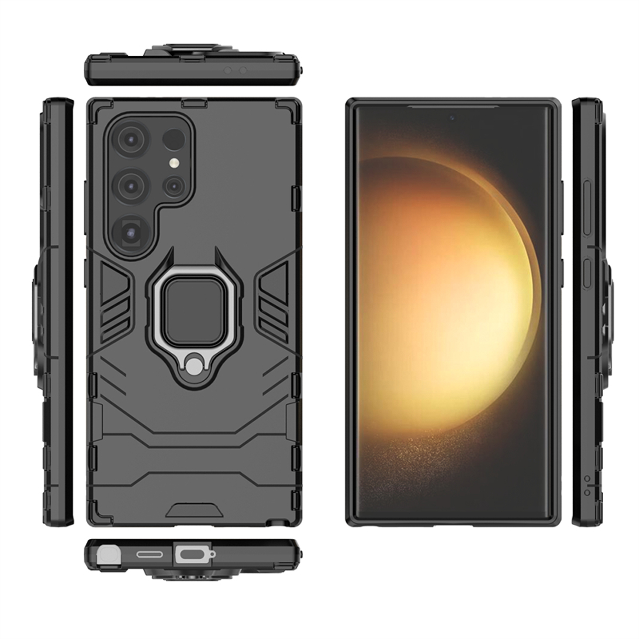 Coque de téléphone noire avec anneau. L'écran du téléphone affiche un dégradé jaune-orange.