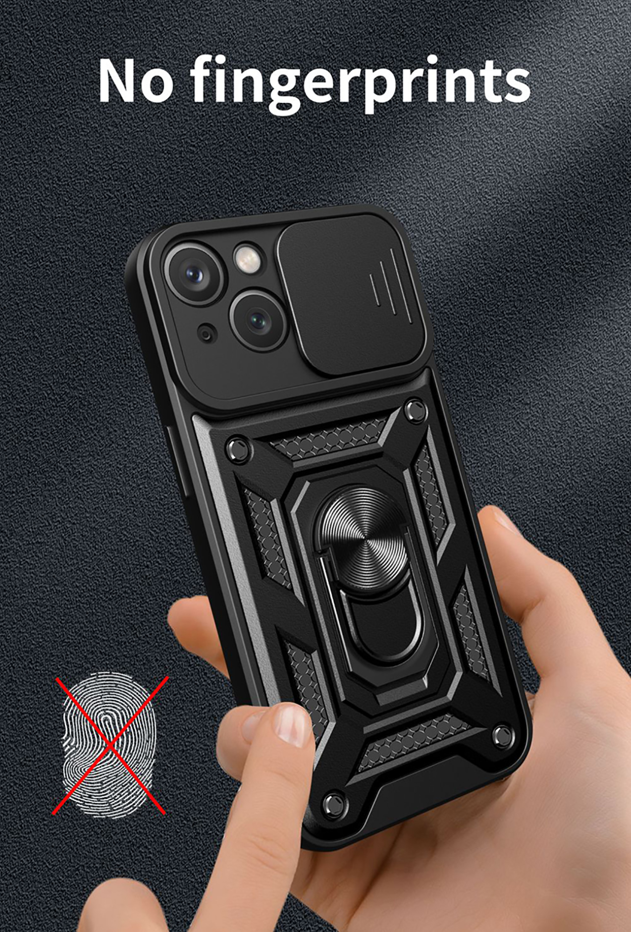 Zwarte telefoonhoes met een schuifbare camerahoes, een ringhouder en een vingerafdruk. De tekst "Geen vingerafdrukken".