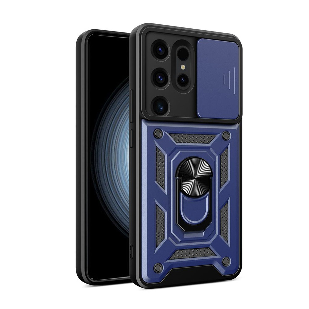 Een blauwe telefoonhoes met een zwarte camerahoes en een ringhouder. De telefoon is zwart.