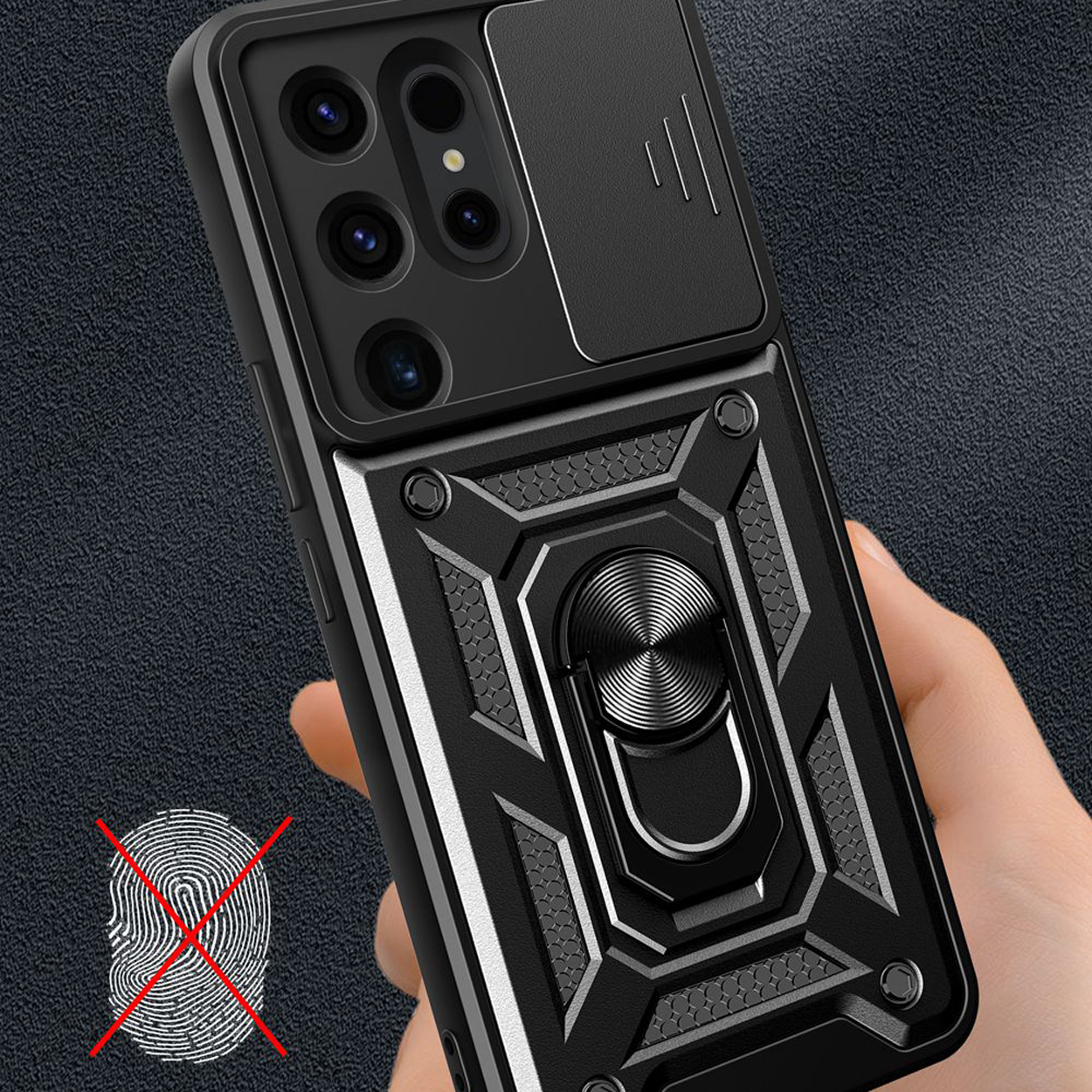 Zwarte telefoonhoes met een ringhouder.  Een vinger houdt de hoes vast.