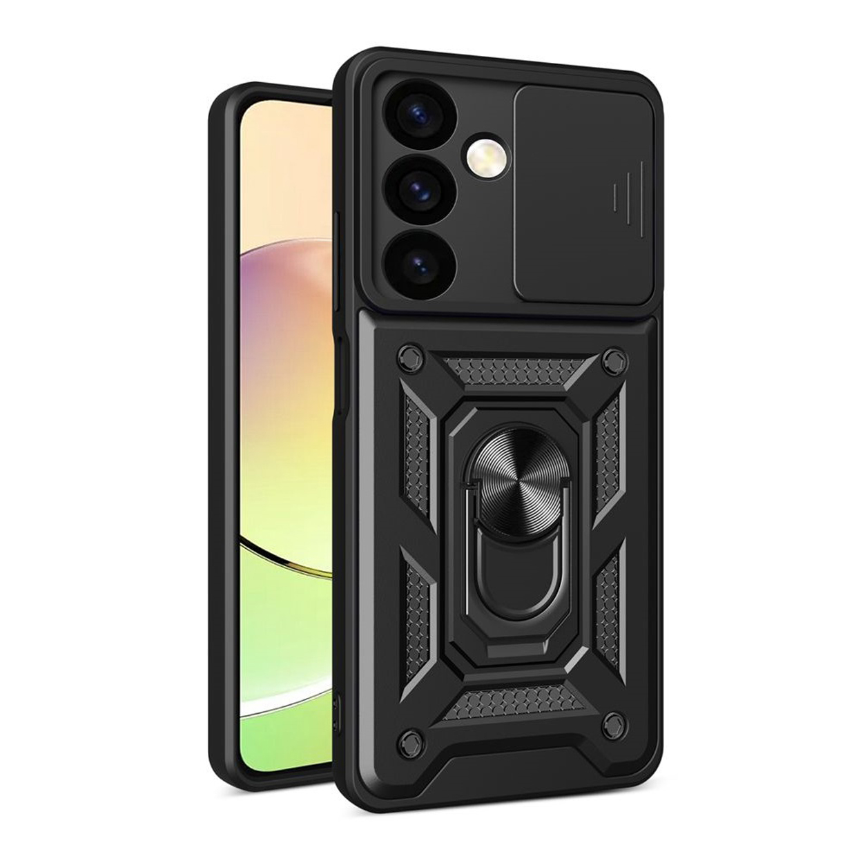 Coque de téléphone noire avec découpe pour caméra et support anneau.