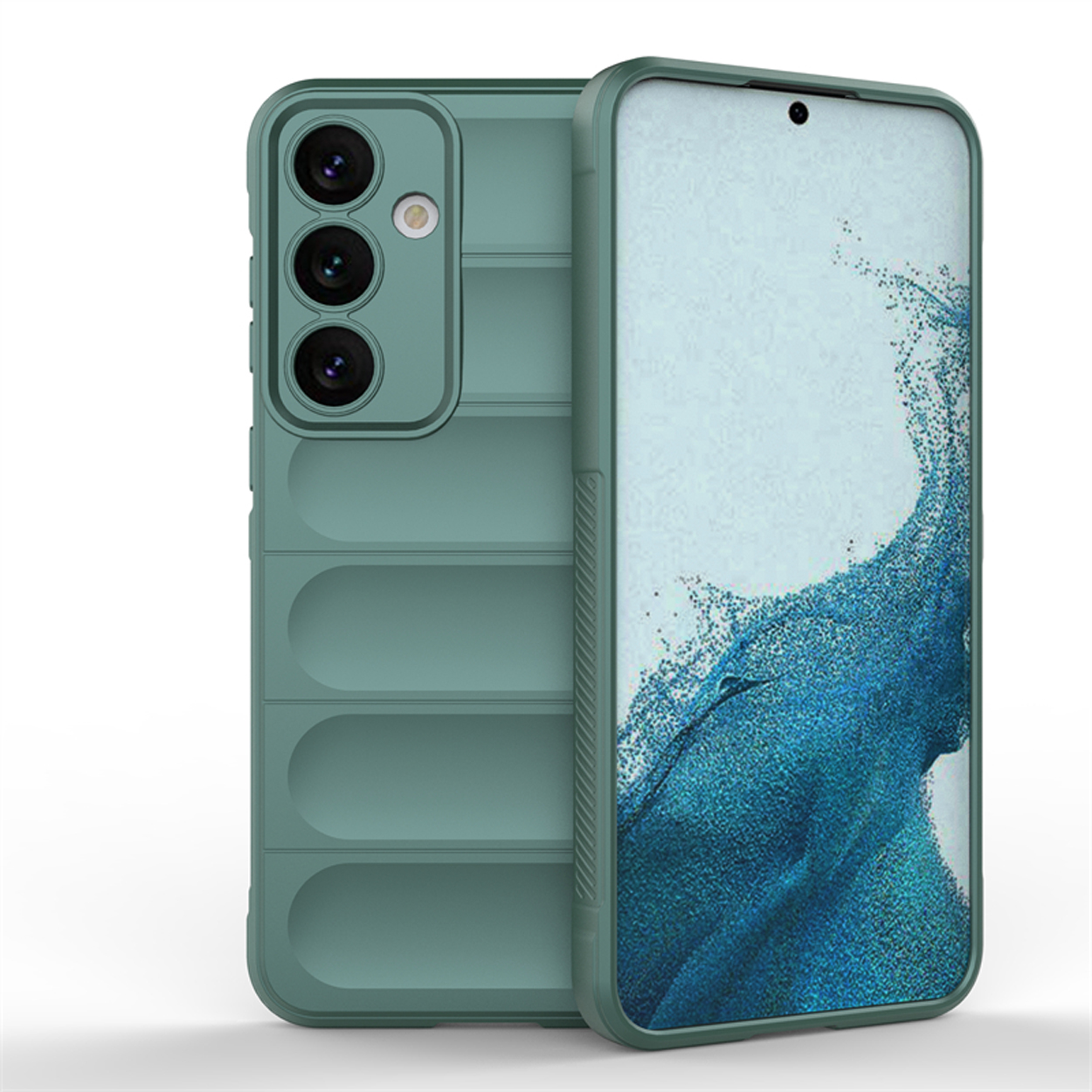 Groene telefoonhoes. De telefoon zit erin. De hoes heeft een camerabeschermer en een lijnenontwerp.