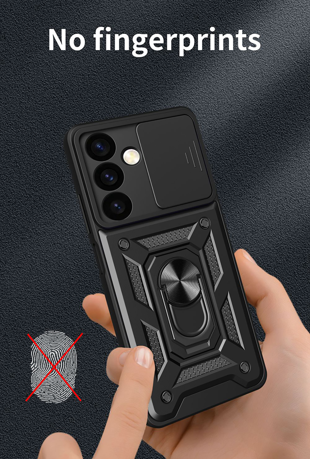 Zwarte telefoonhoes met camerabescherming. Een hand raakt de hoes aan. De tekst luidt "Geen vingerafdrukken".