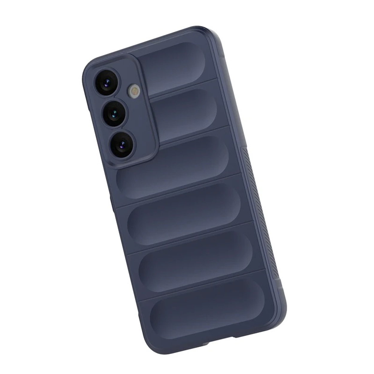 Marineblauw telefoonhoesje met een textuurontwerp. De achterkant heeft vijf verticale ribbels.