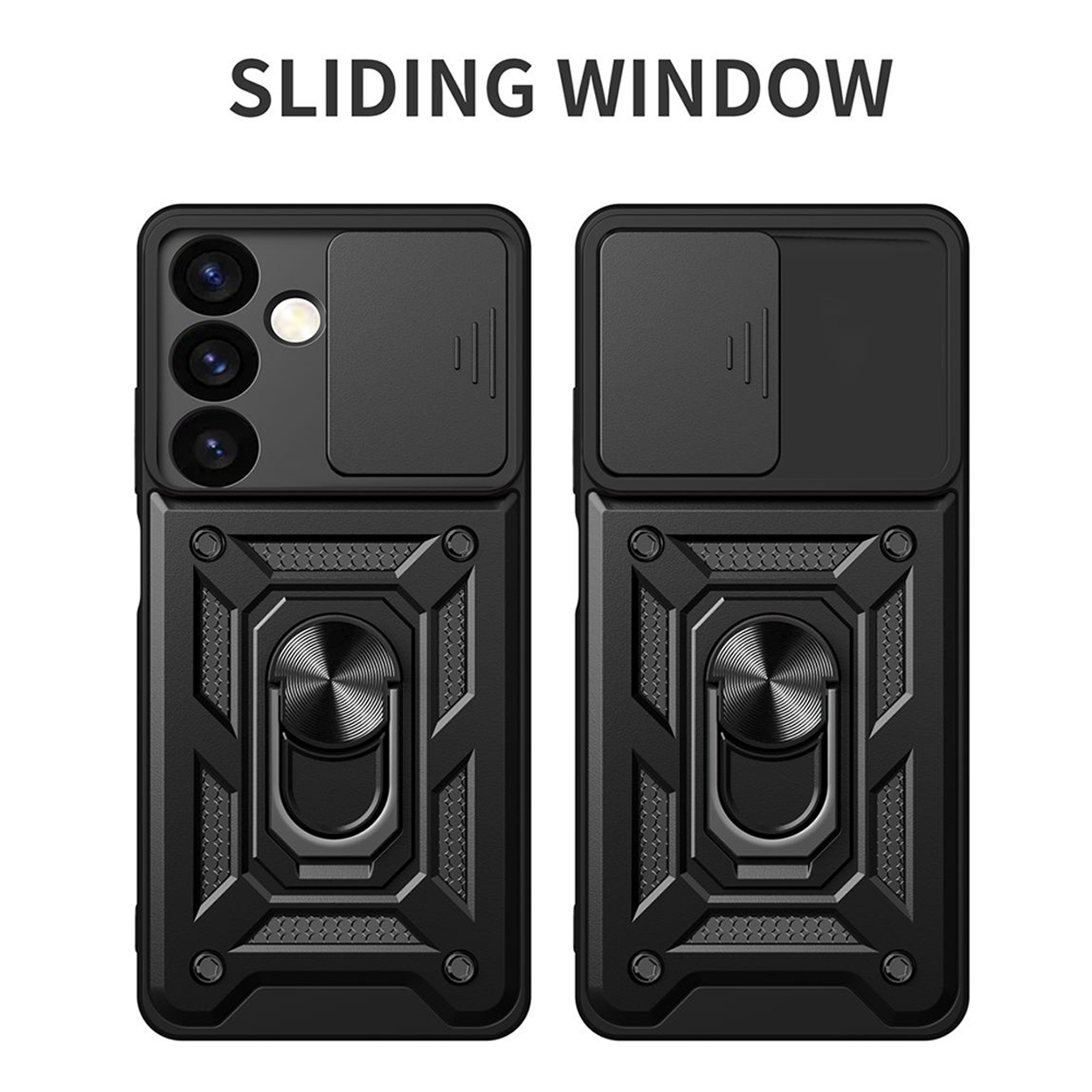 Twee zwarte telefoonhoesjes met een schuifraam voor de camera's. Tekst: SCHUIFRAAM.