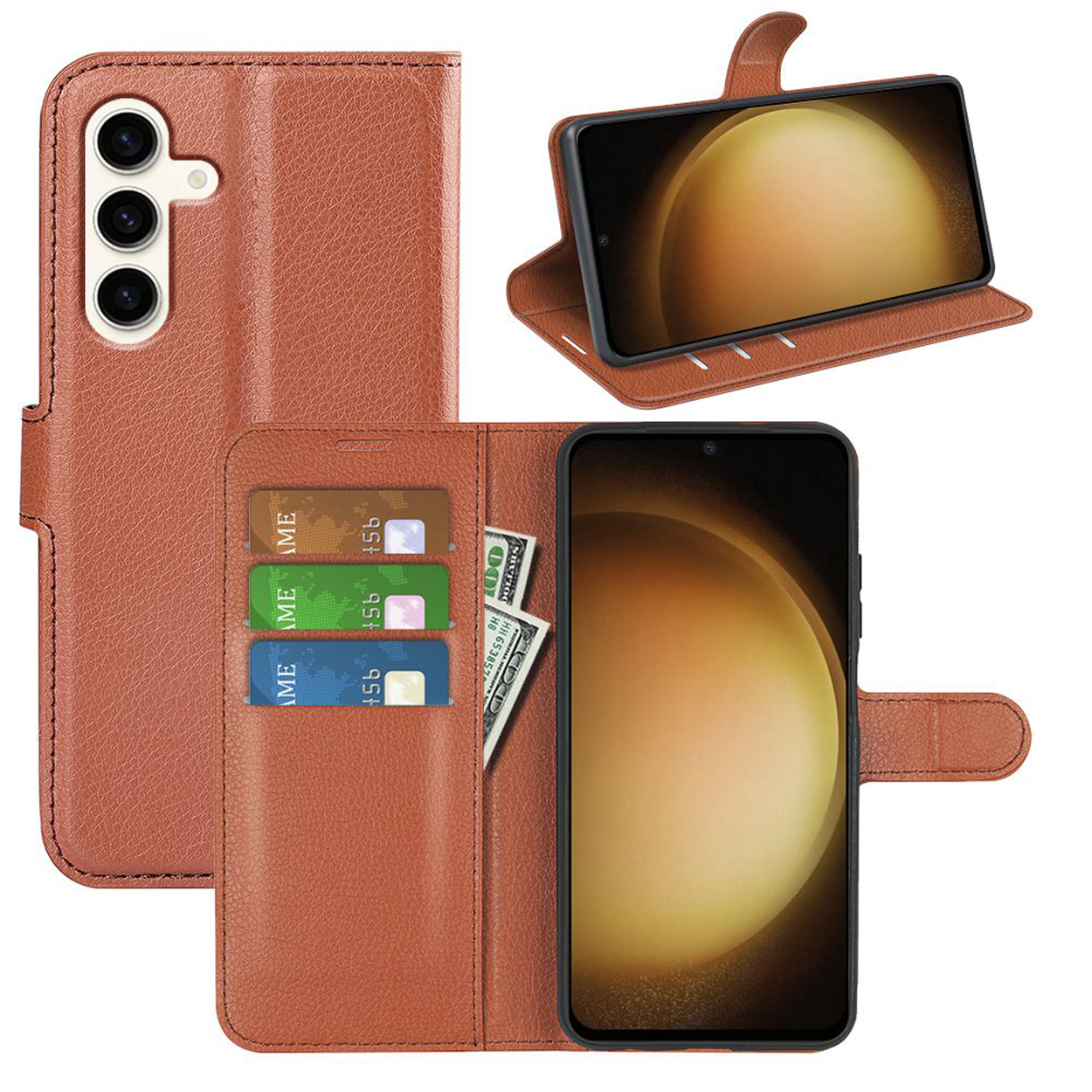 Bruine telefoonhoes met kaartsleuven en een telefoon met een gouden achtergrond.