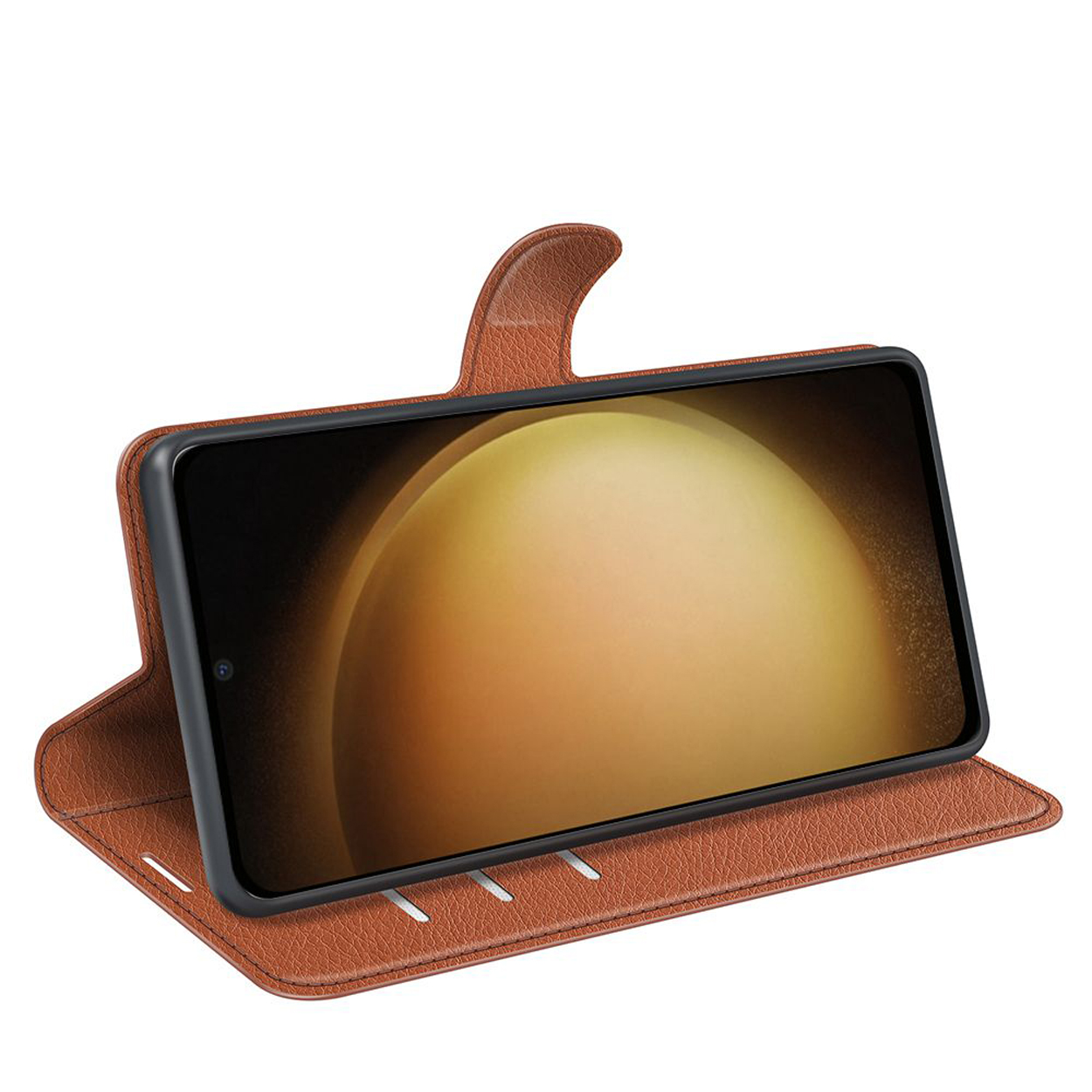 Bruine lederen portemonnee-etui, telefoon erin. Telefoonscherm staat aan en toont een gouden verloop.