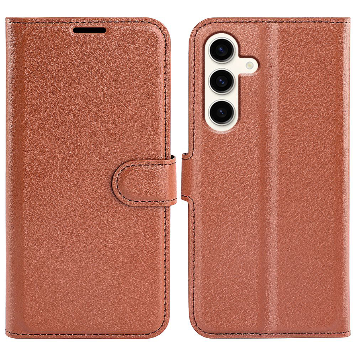 Bruin telefoonhoesje, gesloten, voorkant en achterkant zichtbaar. Knop- en camera-uitsparingen.