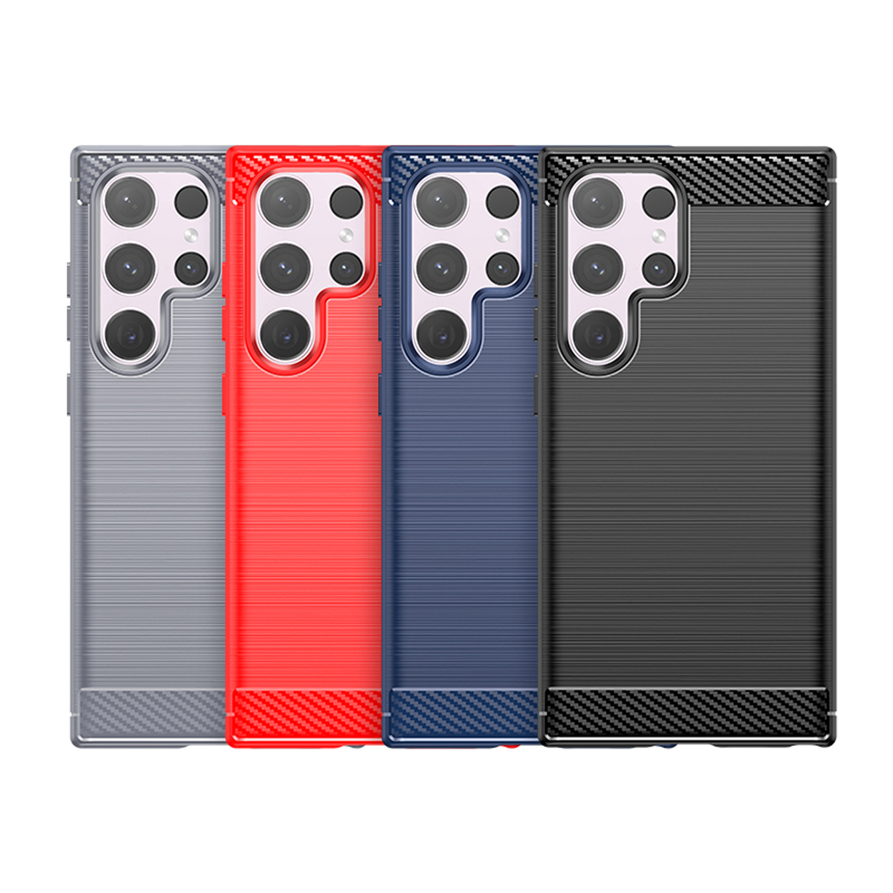 Vier telefoonhoesjes op een rij, verschillende kleuren, geborstelde textuur.