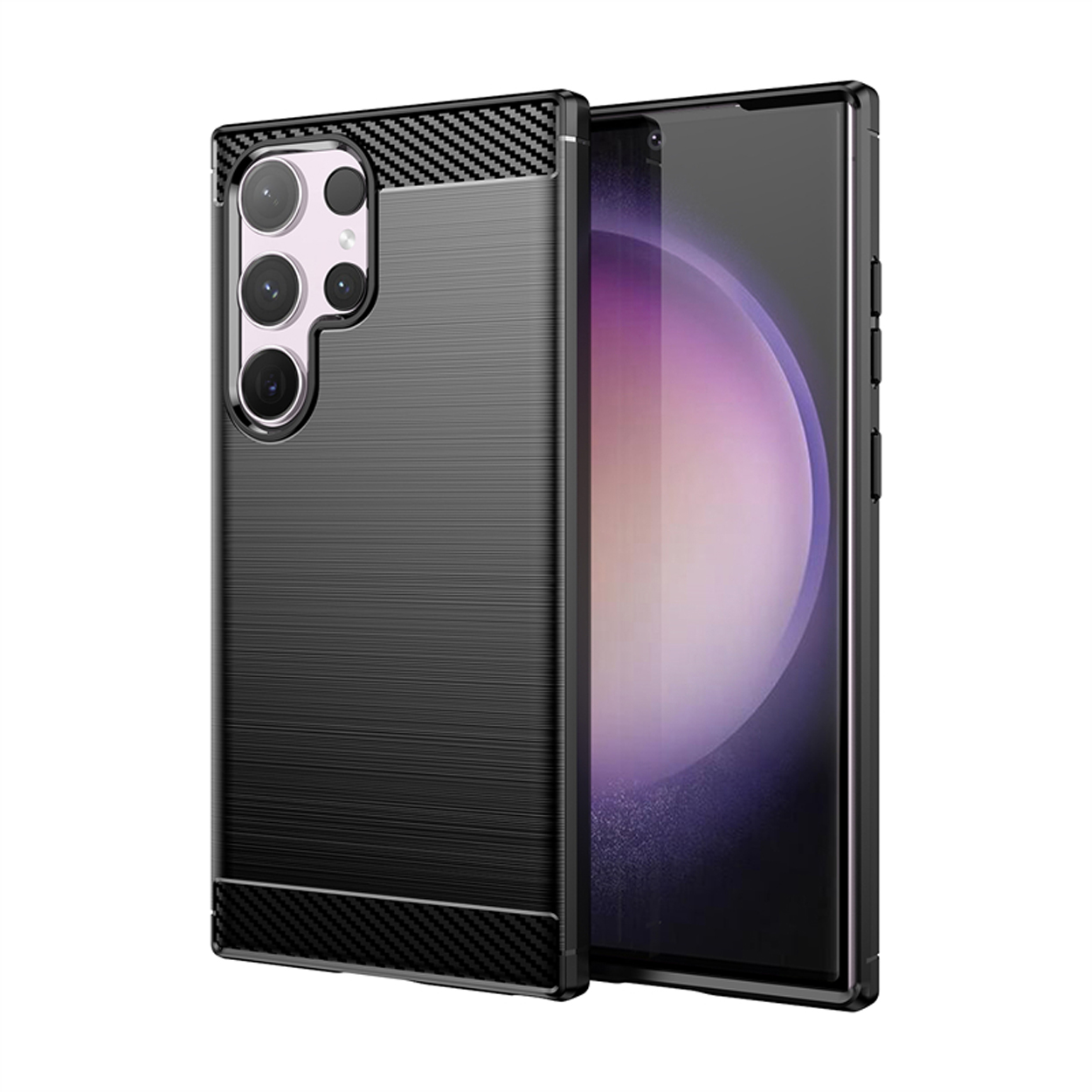 Zwarte telefoonhoes, met de telefoon erin. Toont de achterkant van de telefoon. Koolstofvezelstijl.