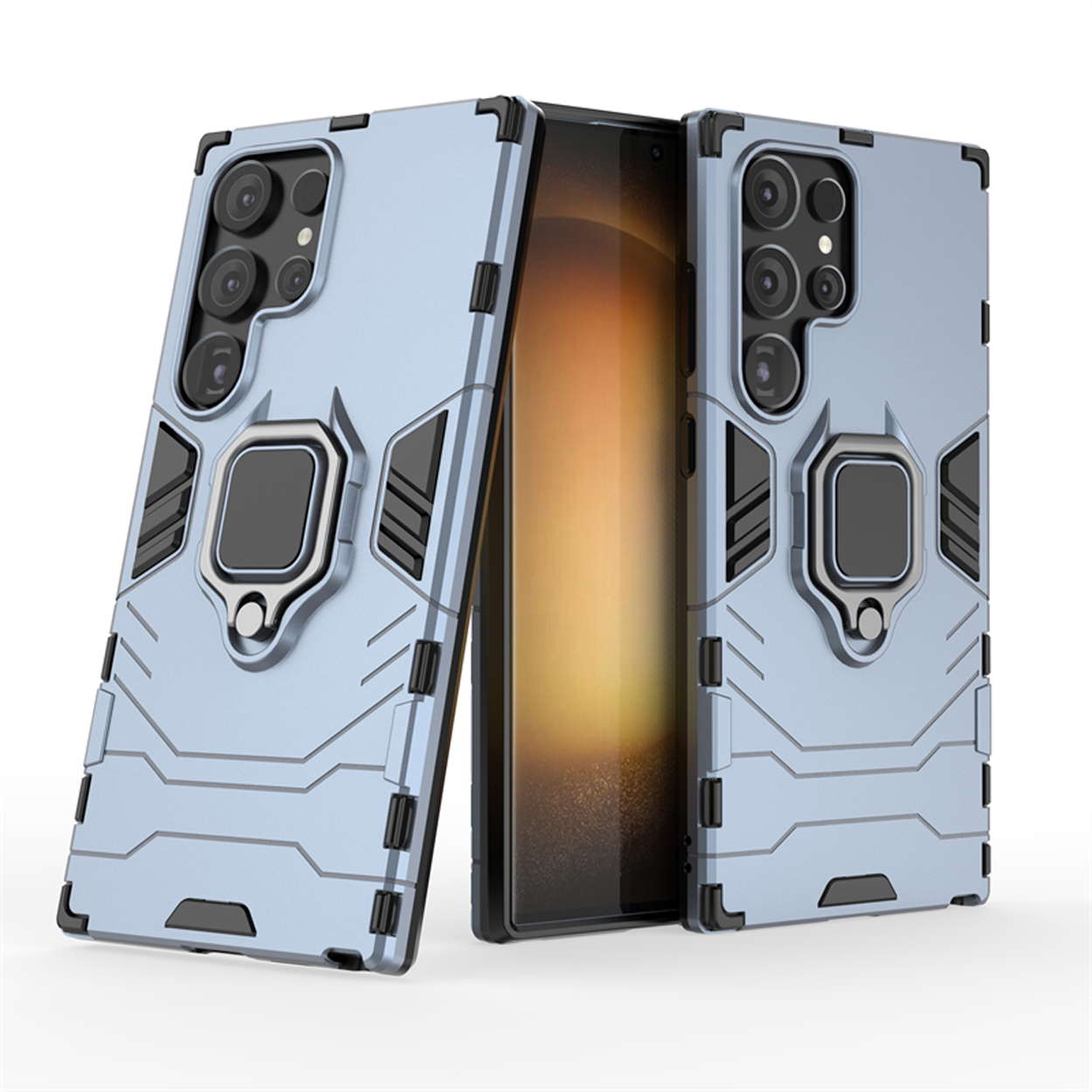Coque de téléphone bleu clair avec bosse caméra. Deux coques debout, une avec un téléphone à l'intérieur.