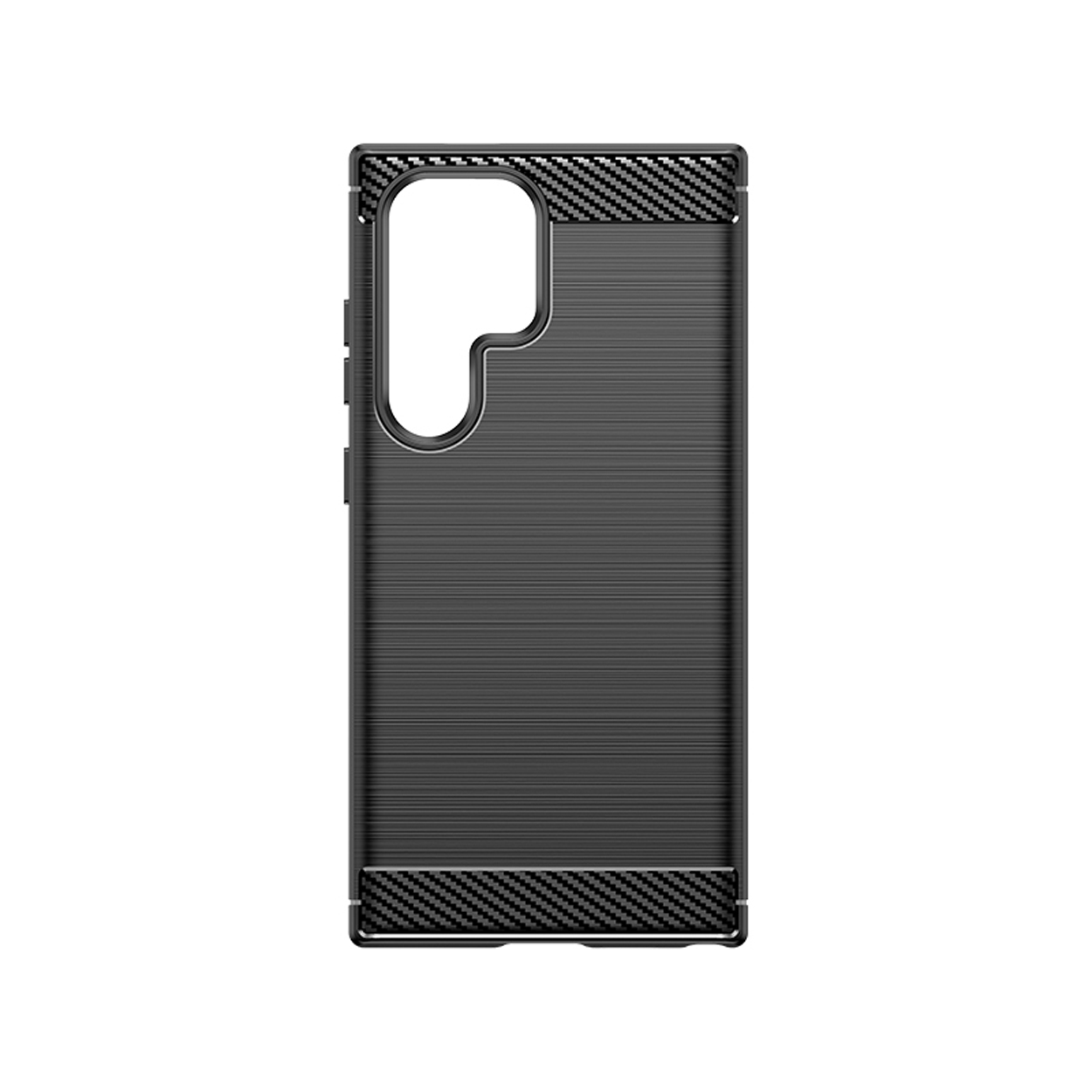 Zwarte telefoonhoes met carbonvezeltextuur en camera-uitsparingen.