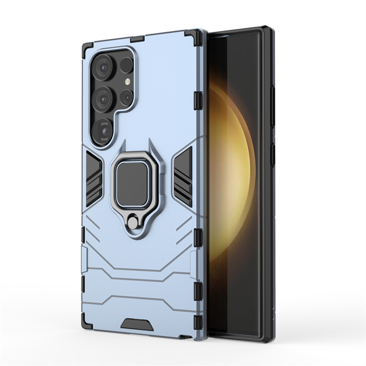 Coque de téléphone avec support, couleur bleue, fond blanc.