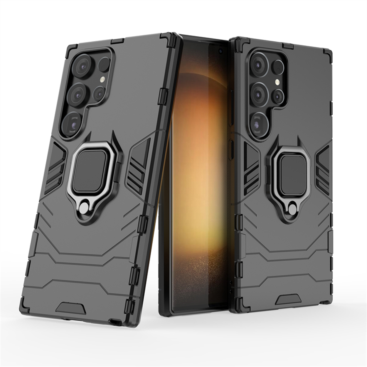 Coque de téléphone gris foncé avec bosse caméra. Deux coques debout, une avec un téléphone à l'intérieur.