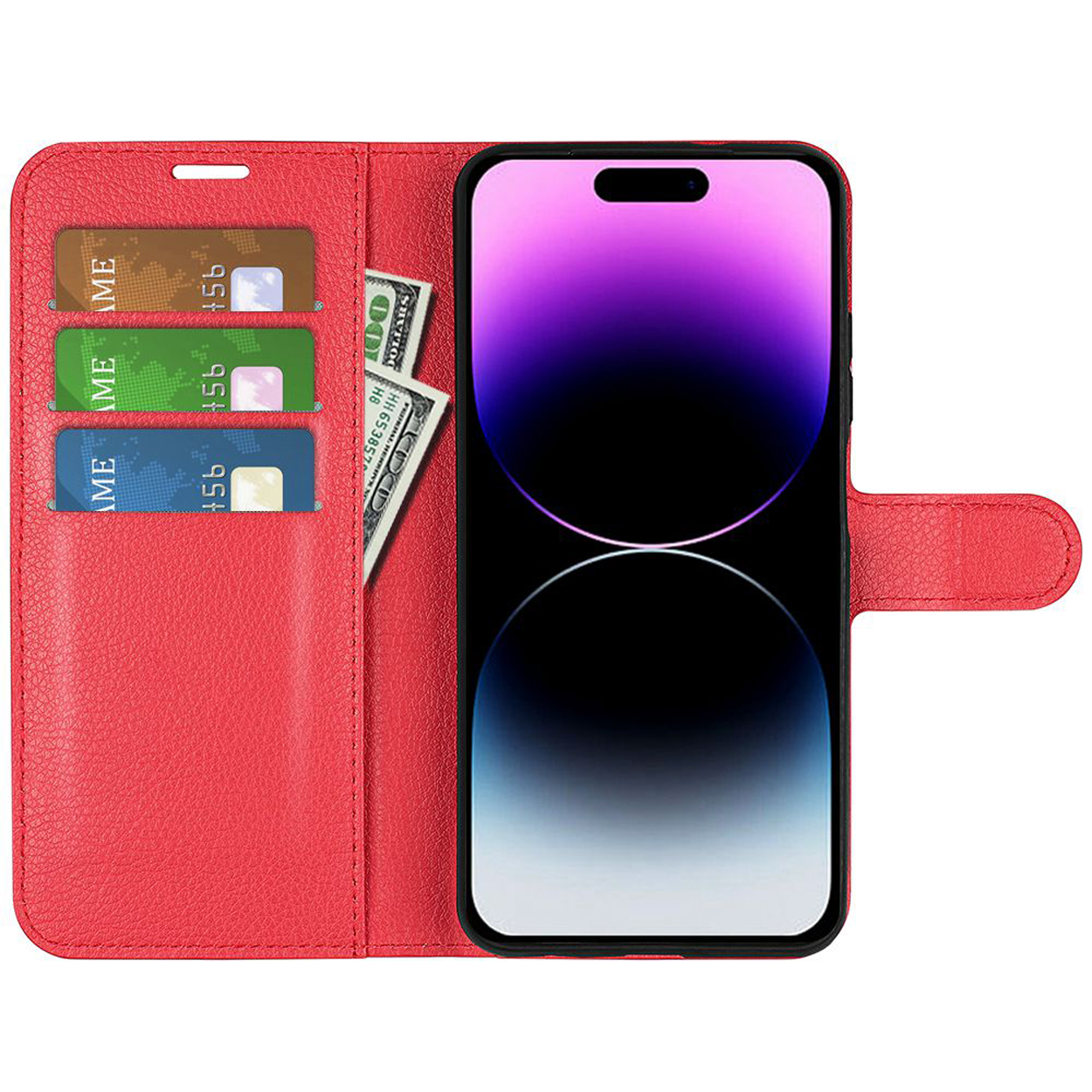 Rode telefoonhoes met kaarten en contant geld, open met smartphone.