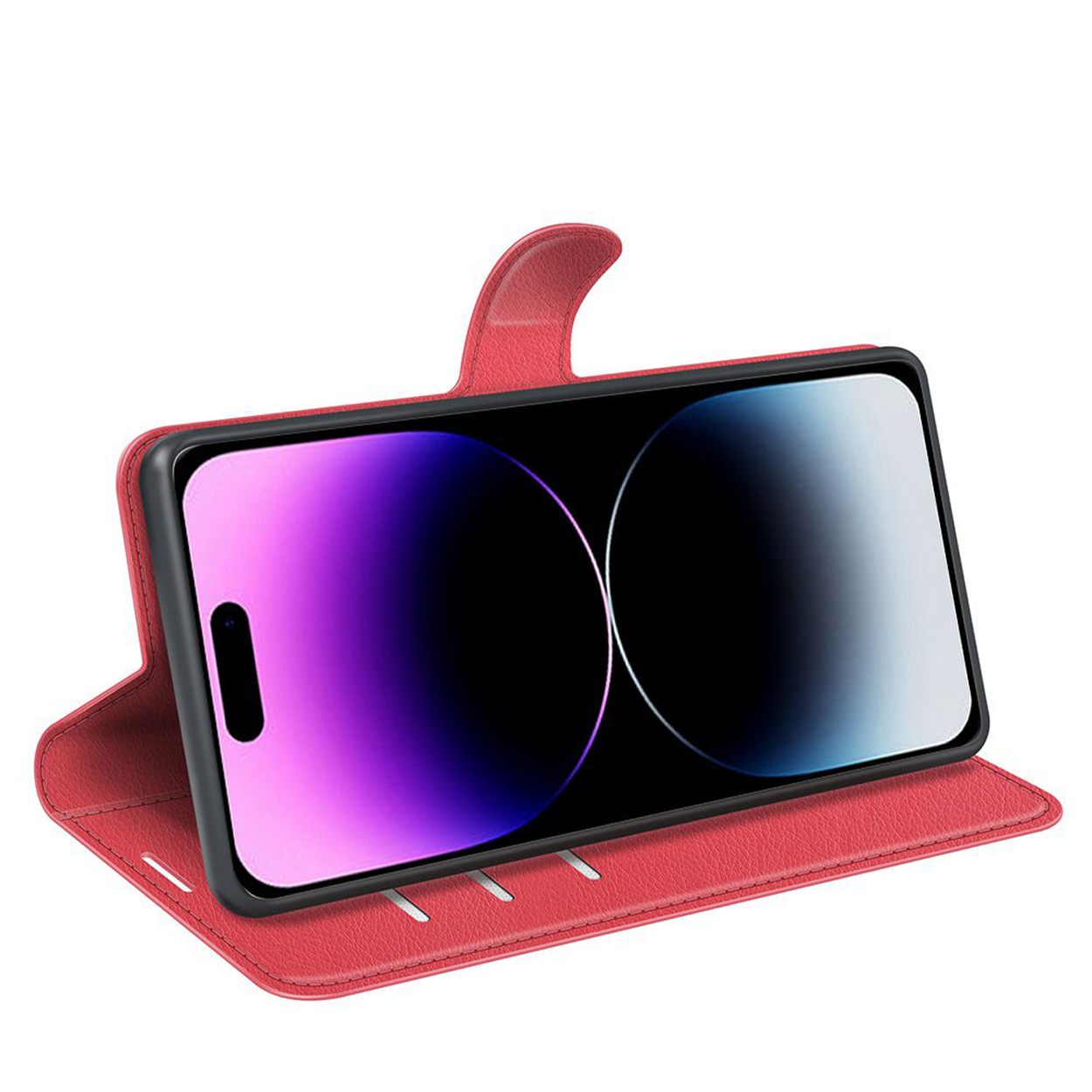 Rode telefoonhoes open, met een telefoon met een donker-licht verloop.