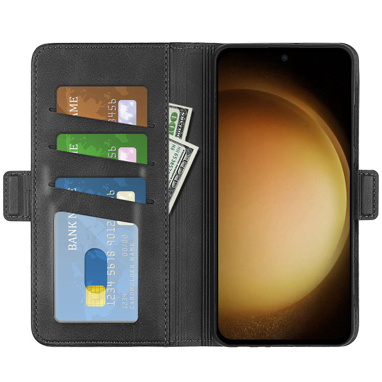 Schwarze Handyhülle offen, zeigt Karten, Geld und ein Telefon mit goldenem Hintergrund.