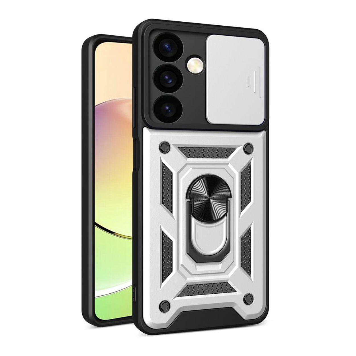 Coque de téléphone blanche et argentée avec protecteur de caméra et support de bague. Le téléphone est sur le côté.