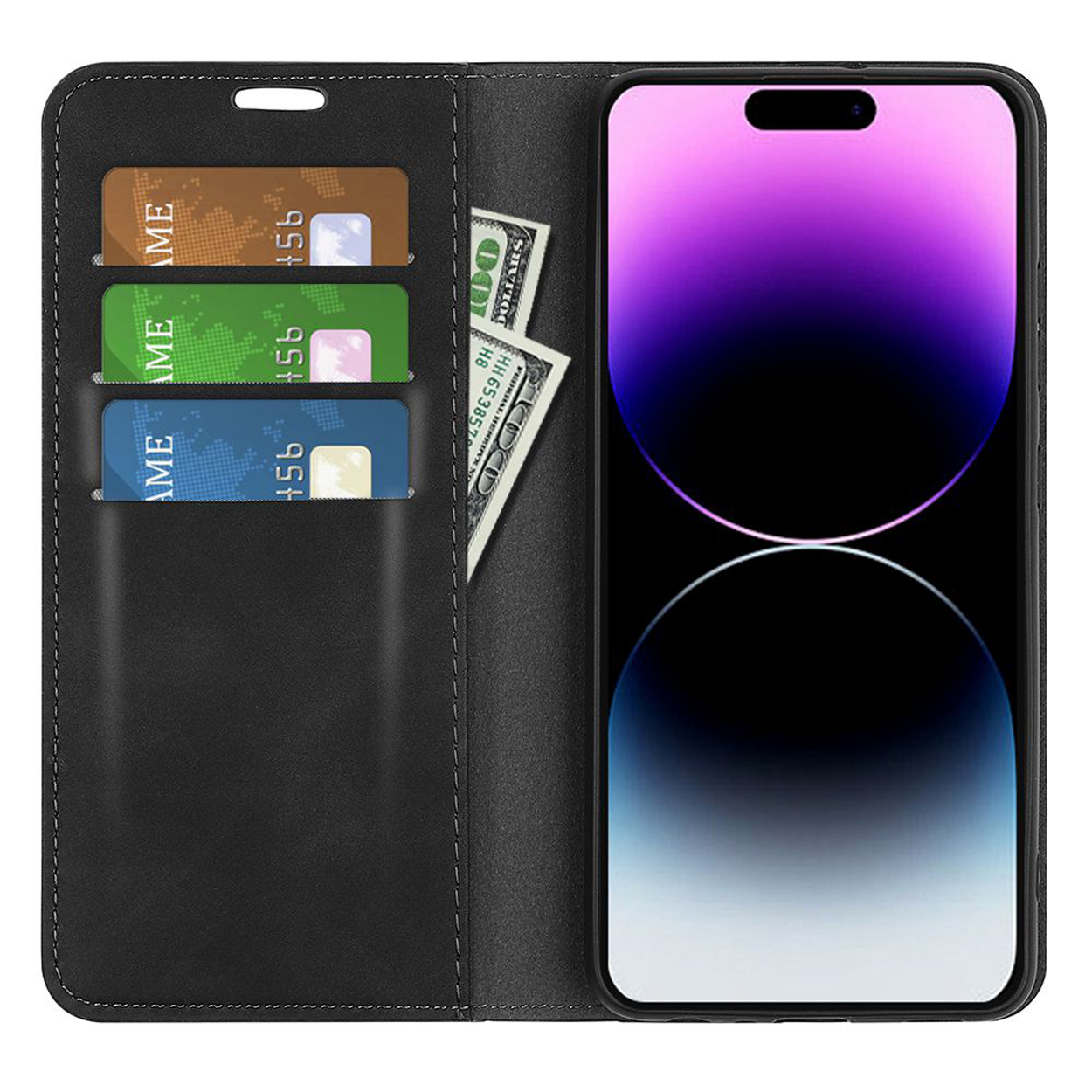 Zwarte leren portemonnee-etui, open, met telefoon, kaarten en geld. Telefoon met gradiënt scherm.