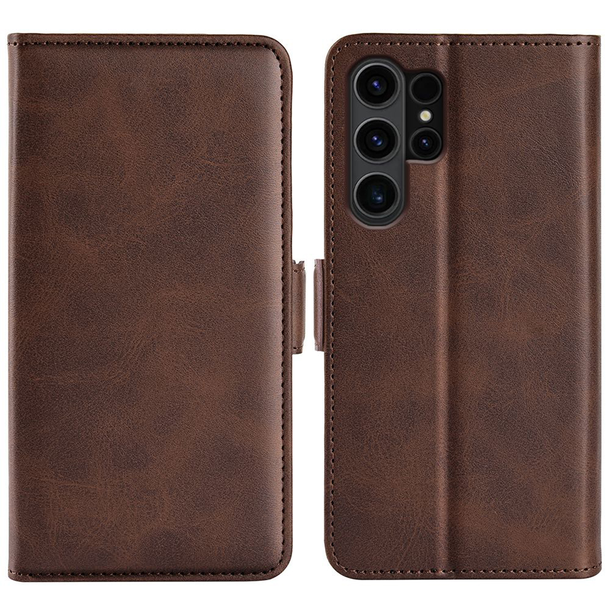 Étui de téléphone en cuir marron, ouvert et fermé. Montre les coutures et le fermoir. Téléphone invisible.