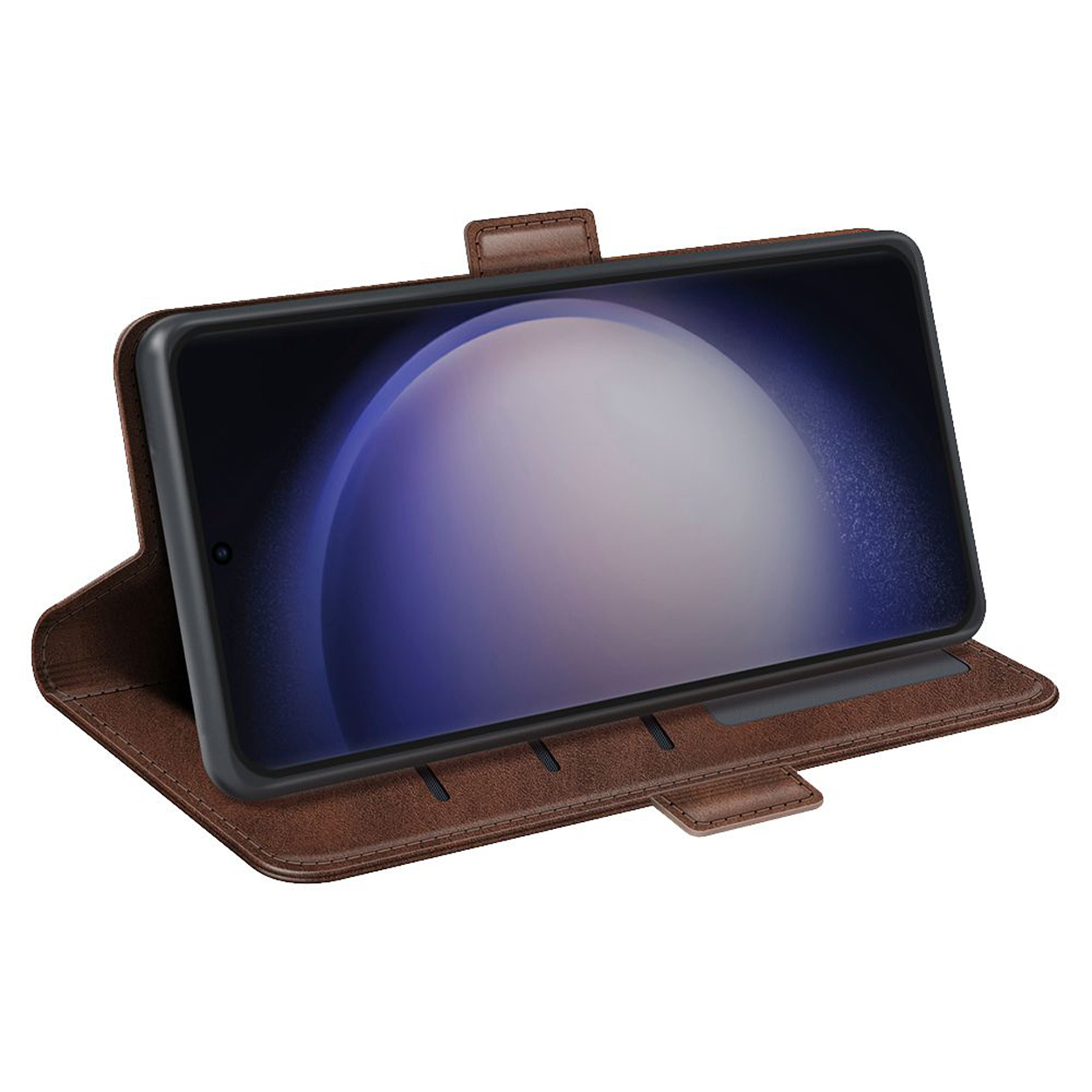 Étui de téléphone marron ouvert, avec un téléphone affichant un dégradé ondulé.