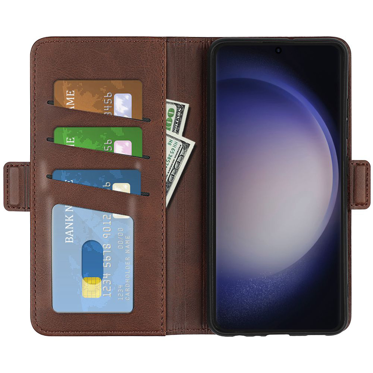 Étui de téléphone marron avec cartes et espèces, un téléphone est sur le côté droit. Cartes et espèces visibles.