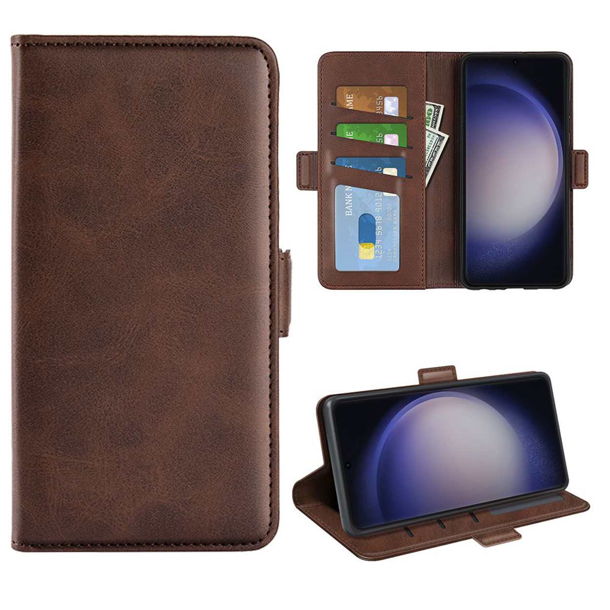Étui de téléphone marron avec portefeuille, cartes, argent et téléphone. Ouvert montrant l'écran.
