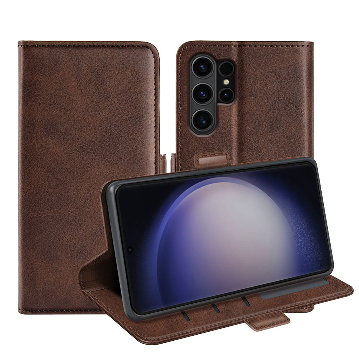 Étui en cuir marron, ouvert, avec téléphone affiché à l'intérieur et ouvert.